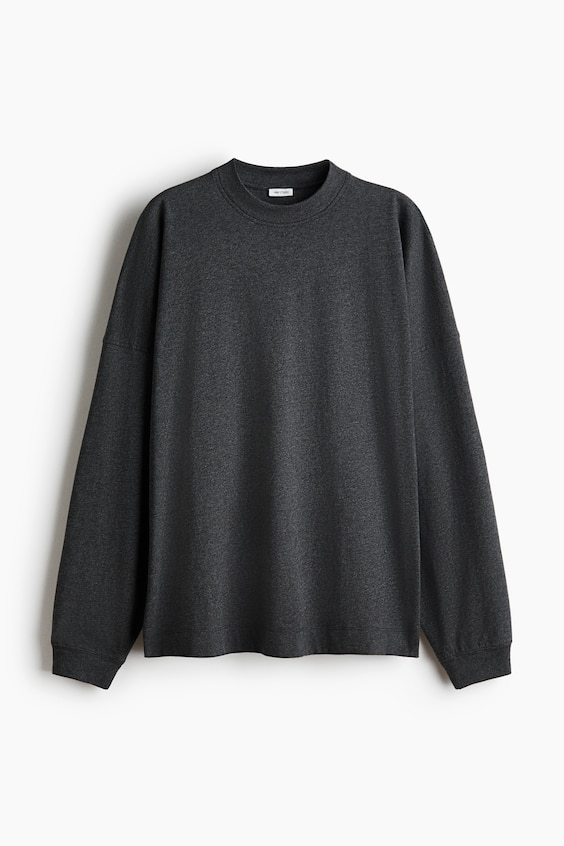 Женский топ H&M Long-Sleeved Cotton Top, цвет: Тёмный серый меланжевый