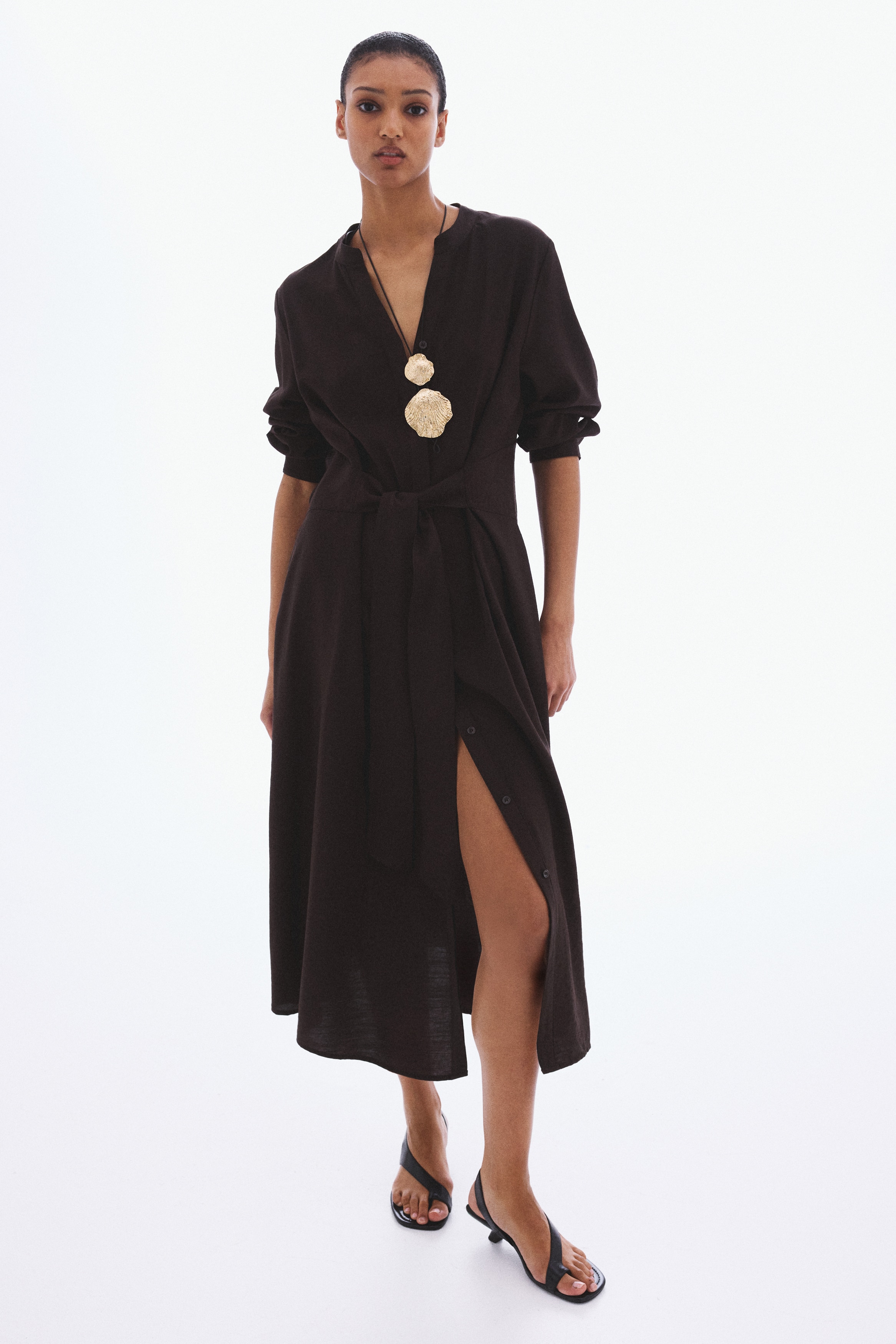 Robe avec ceinture à nouer - Marron foncé/Crème/motif