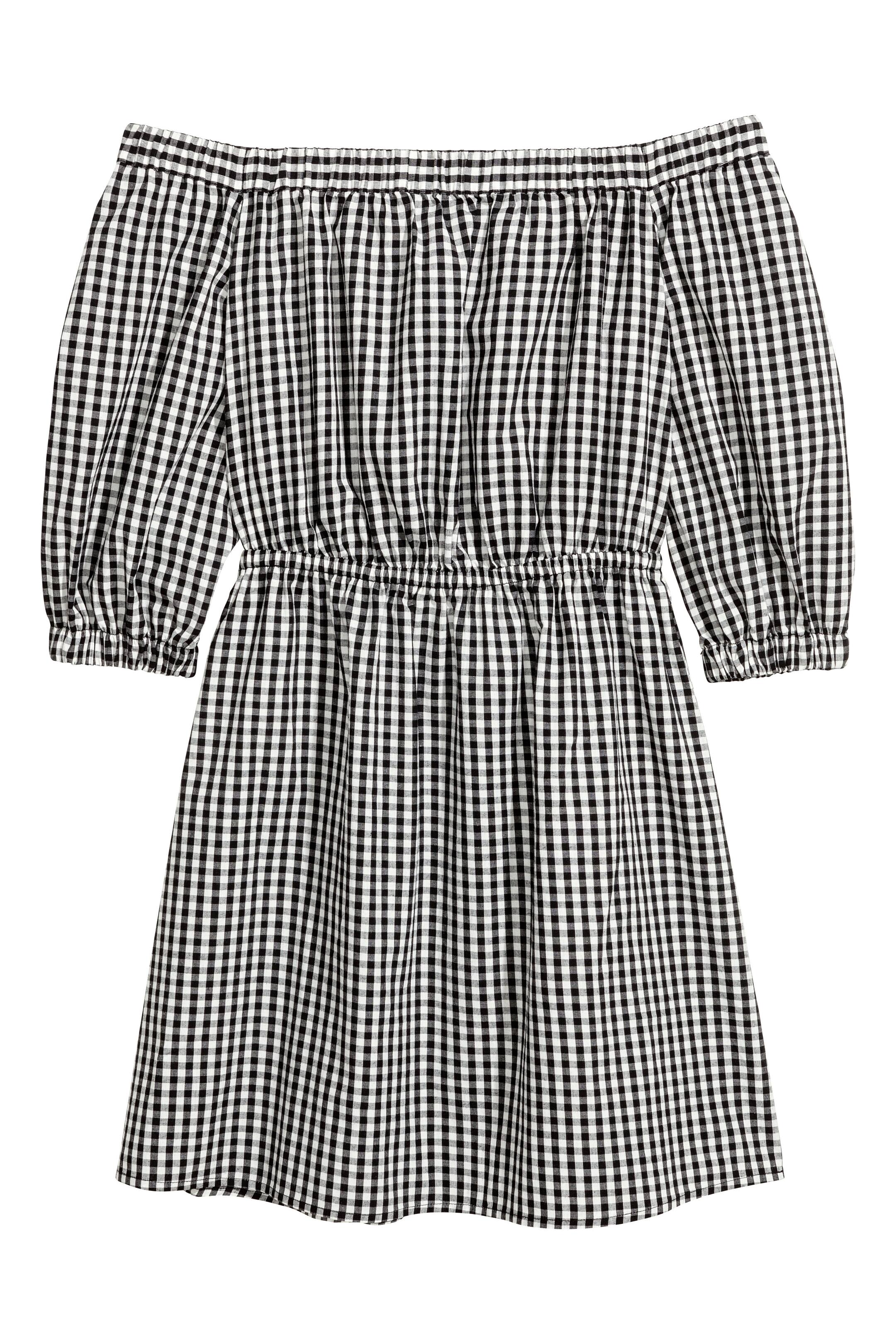 Zobacz większy obraz: Sukienka z odkrytymi ramionami - Czarny/Biały/Krata - ONA | H&M PL 1