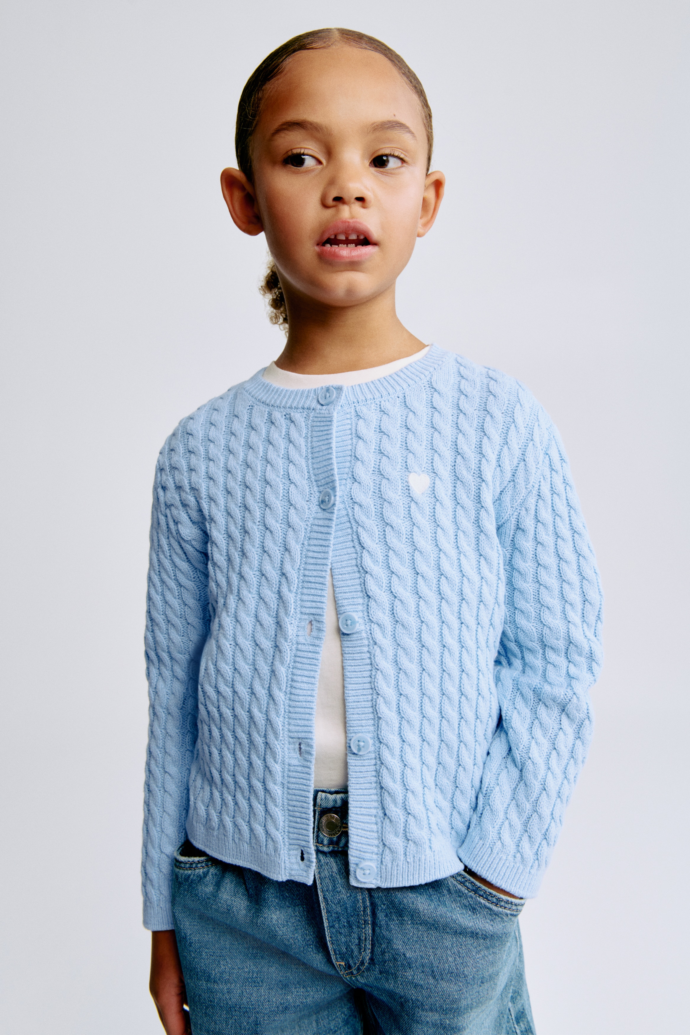 Cable-knit cardigan - Blue/Light beige/Striped/Pink