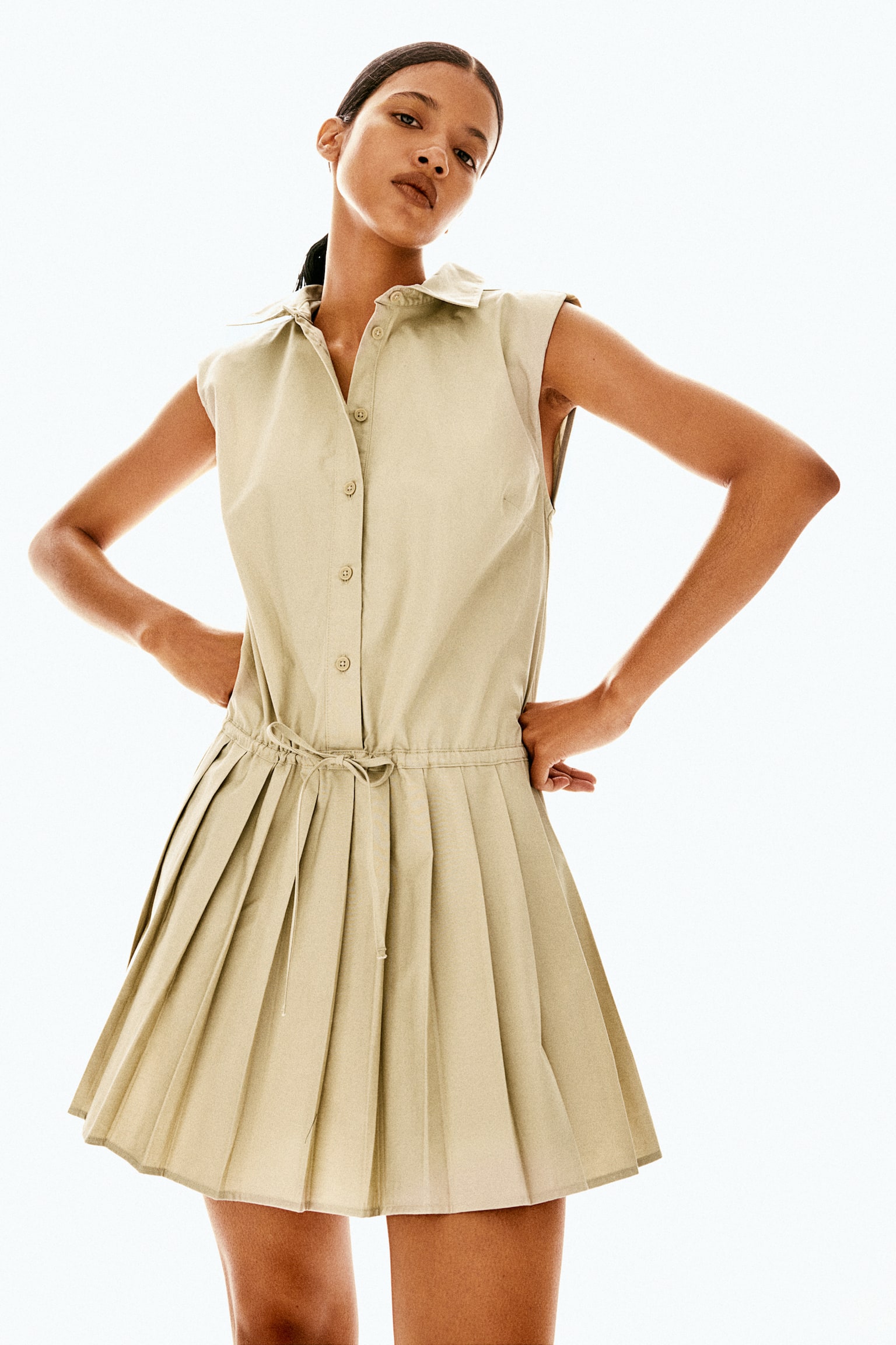 Pleated-skirt shoulder-pad dress - Light beige/Cream - 5