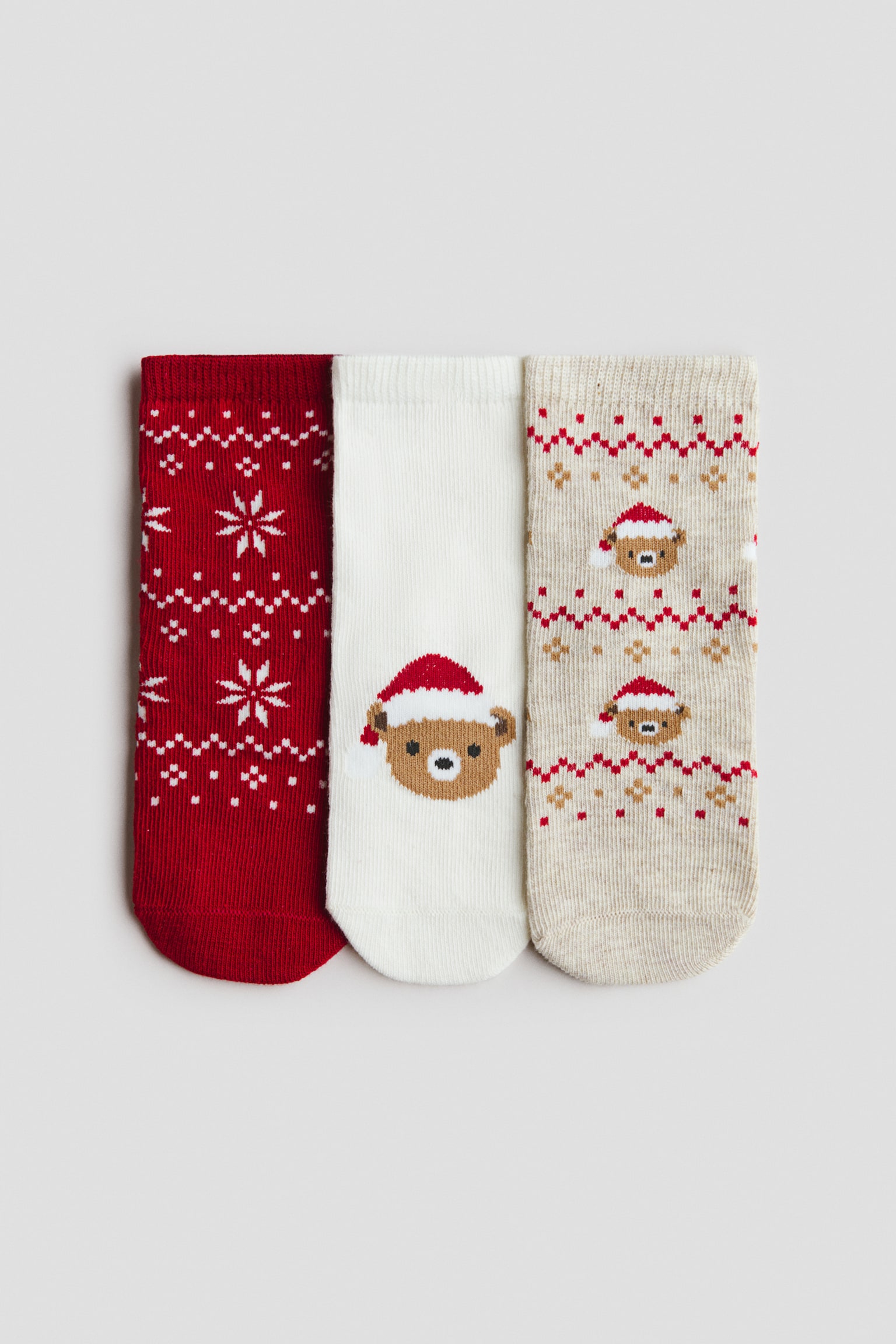 Trois chaussettes en maille fine sont posÃ©es Ã  plat, face avant visible, mettant en valeur diffÃ©rents motifs sur le thÃ¨me de lâhiver. La chaussette de gauche est rouge avec un motif de flocon de neige blanc, celle du milieu est blanche et prÃ©sente un seul visage dâours portant un chapeau rouge, et celle de droite est beige avec un motif rÃ©pÃ©tÃ© de petits ours et de motifs Fair Isle. Les trois chaussettes sont dotÃ©es de bords-cÃ´tes Ã©lastiquÃ©s en haut.