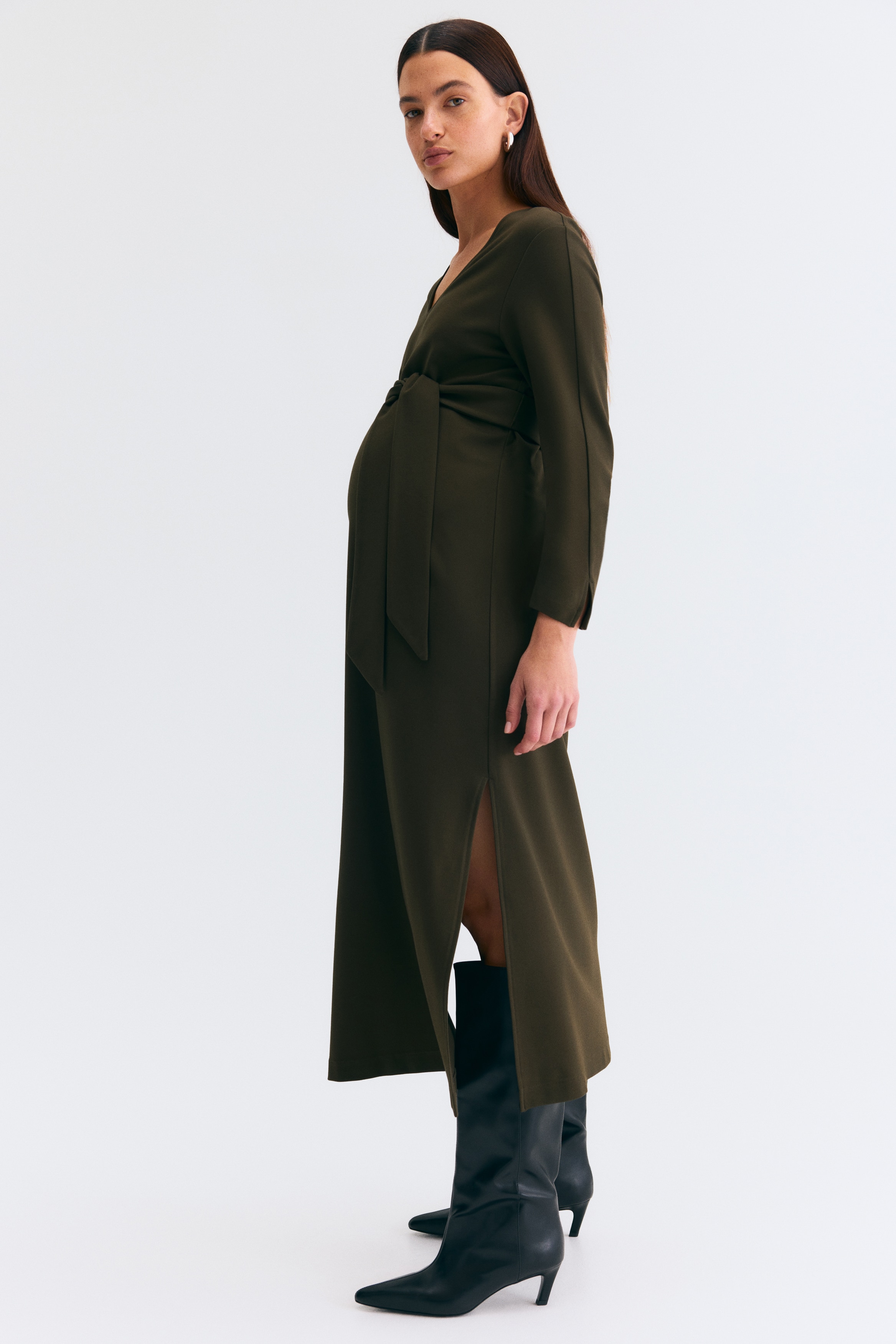 MAMA Tie-belt jersey dress - Dark khaki green/Black