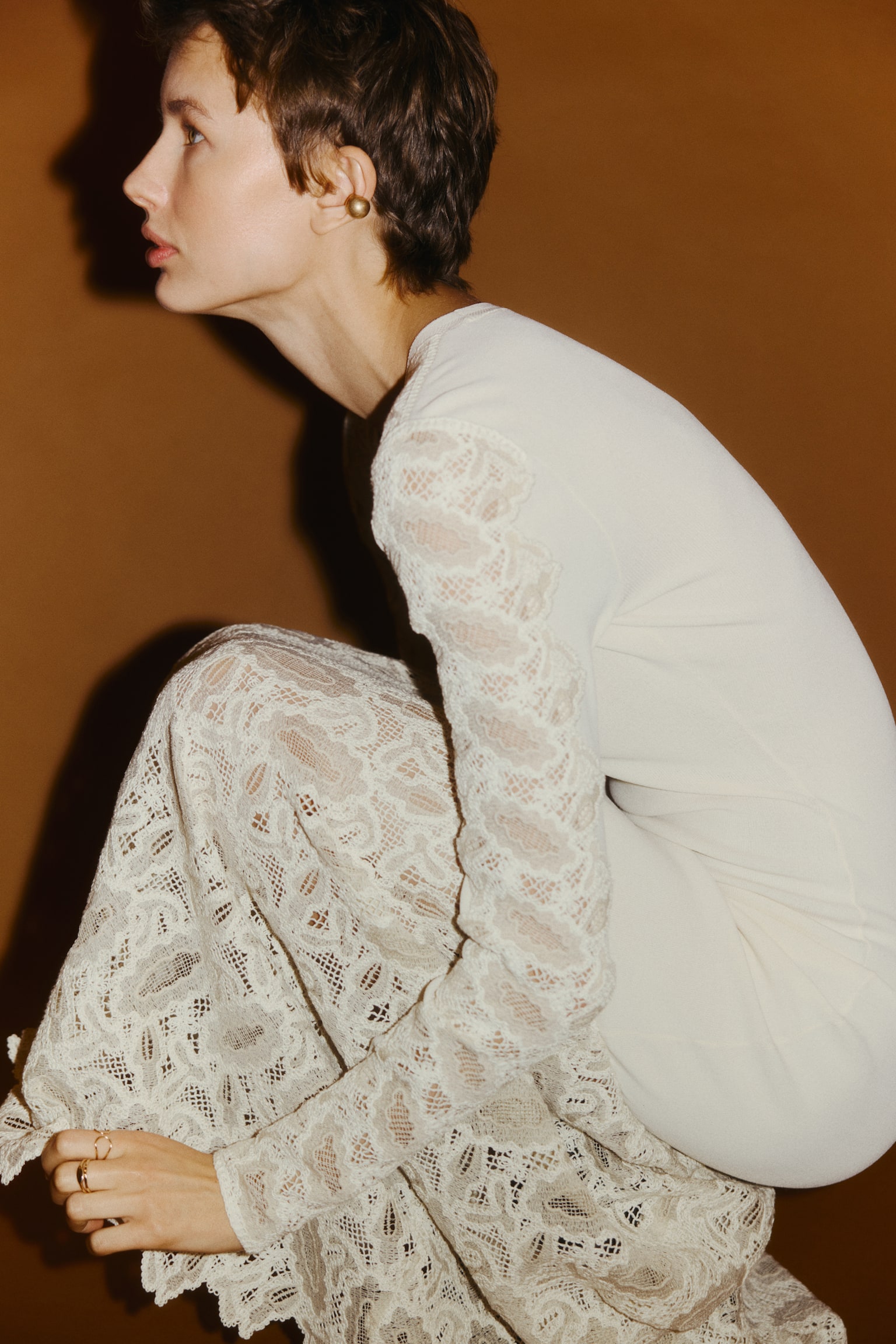 Ribbed lace-detail dress - Light beige - 2