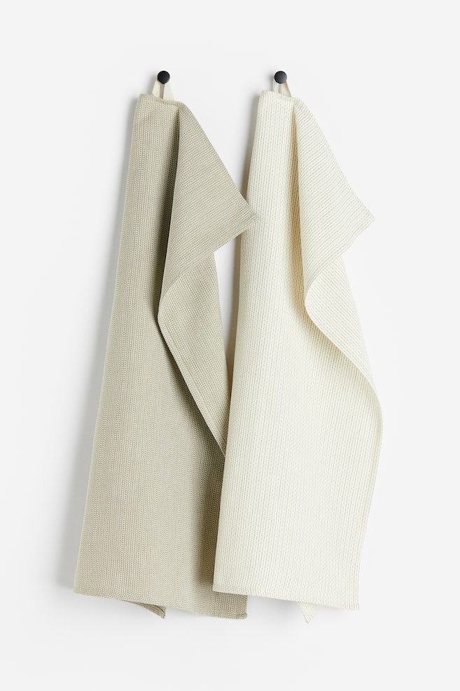 Torchons en coton, lot de 2 - Vert kaki clair/blanc/Blanc/gris foncé - 1