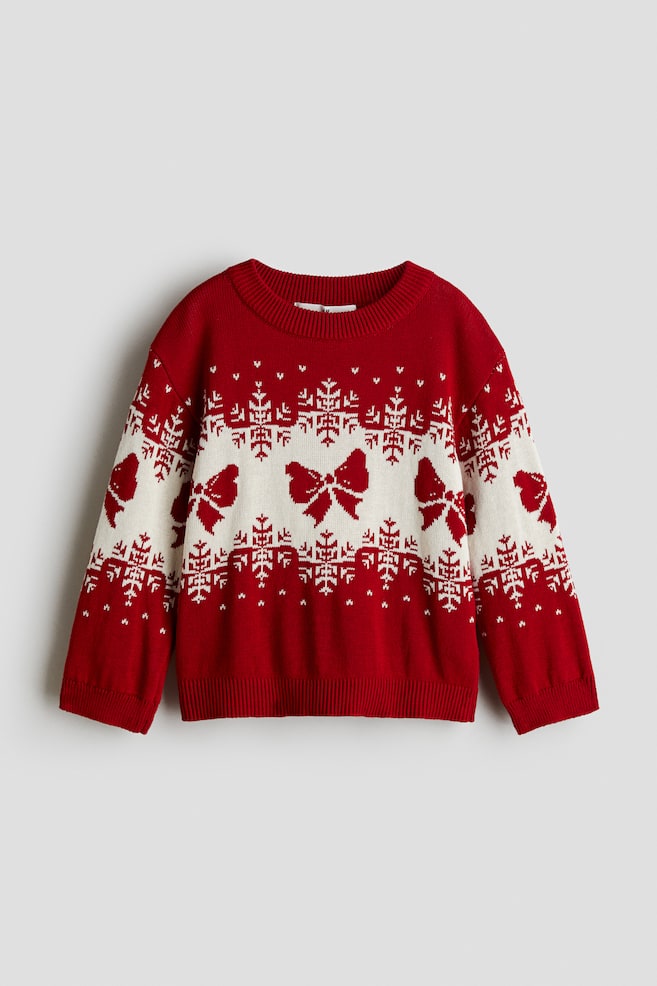 Pullover in maglia di cotone jacquard - Rosso/fiocchi/Rosa chiaro/cervo - 1