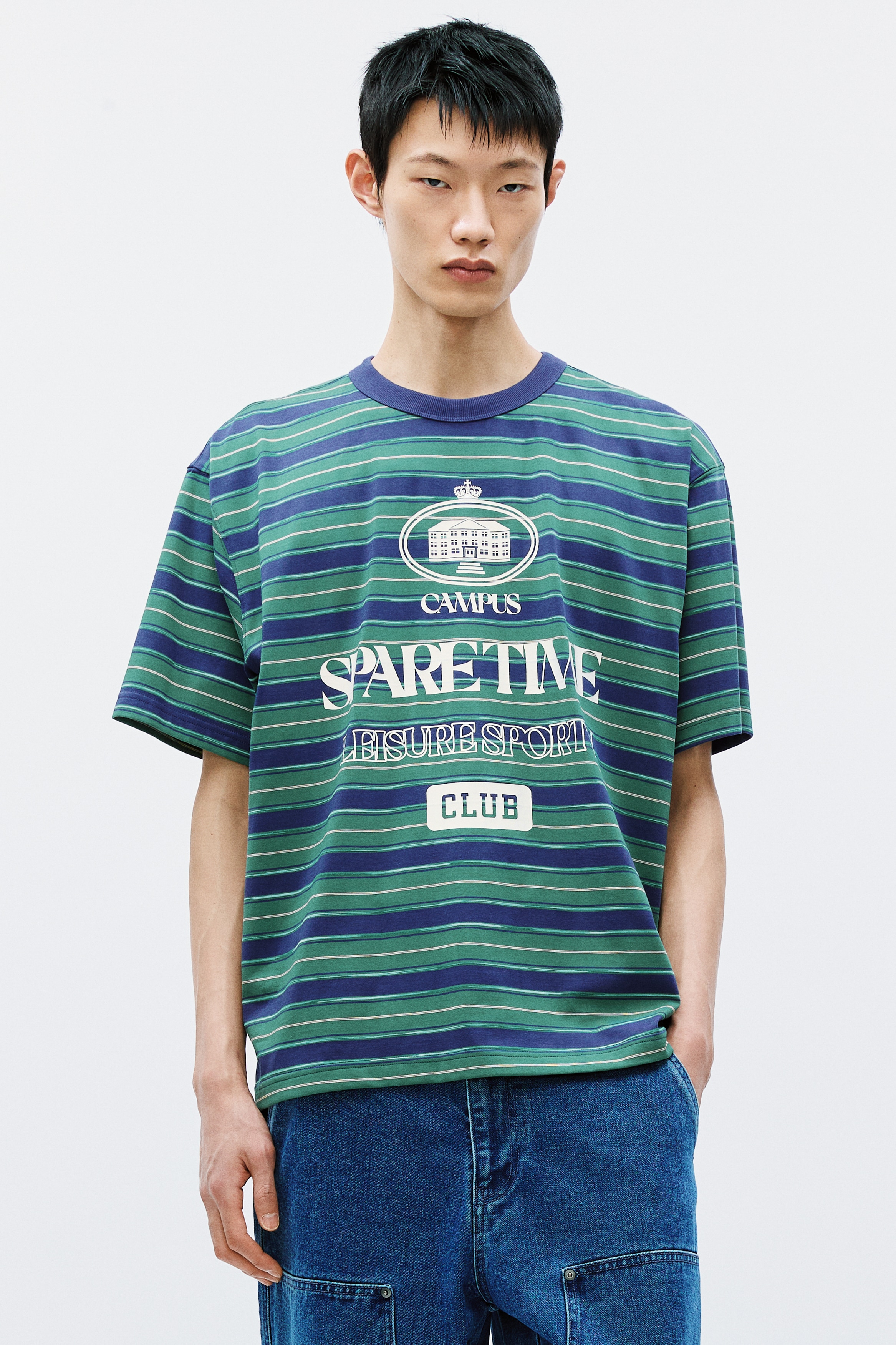 Loose-Fit Printed Boxy T-Shirt - Dark green/striped/White/striped/Light dusty blue/striped