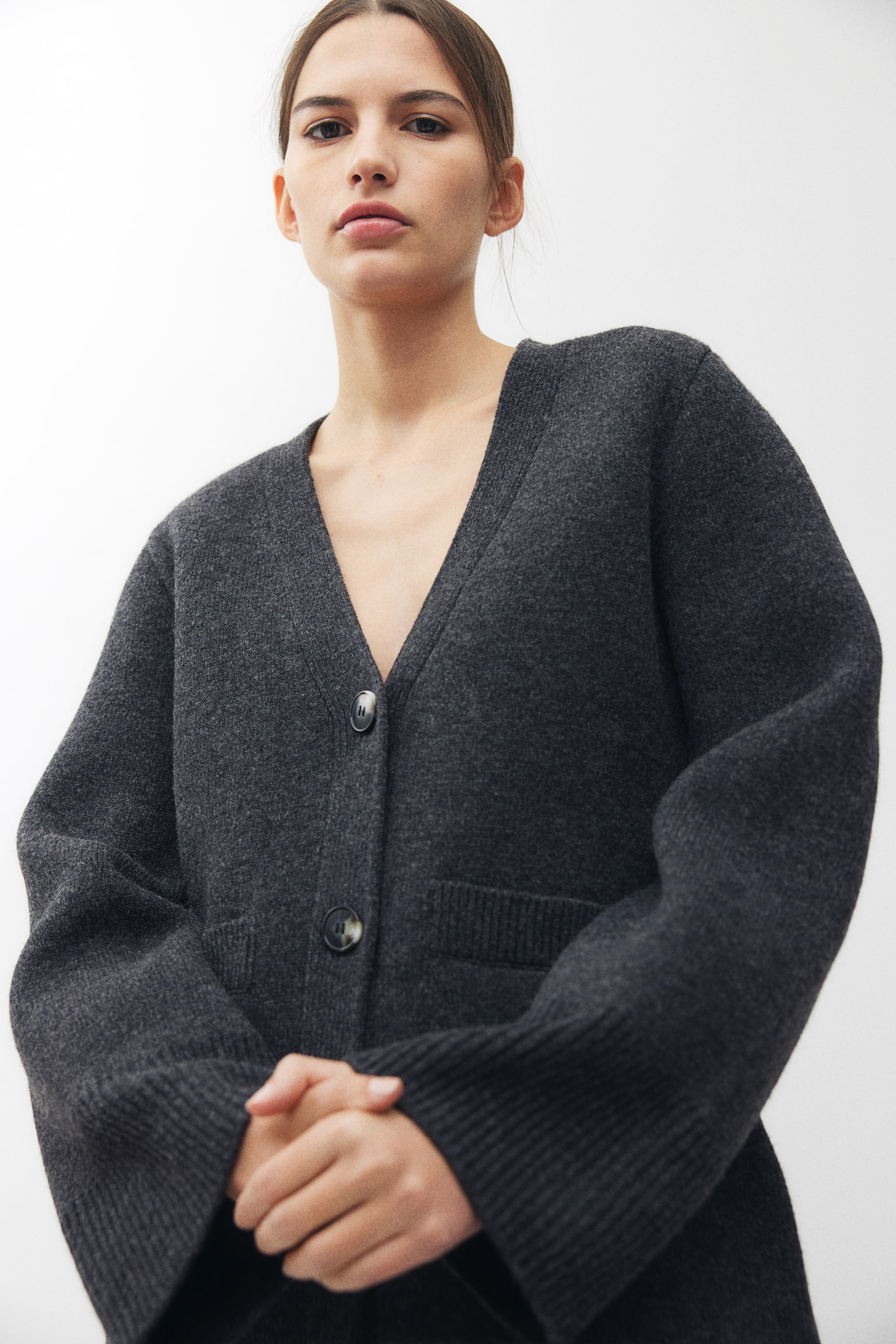 Knitted wool cardigan - Dark grey marl/Cream/Black - 4