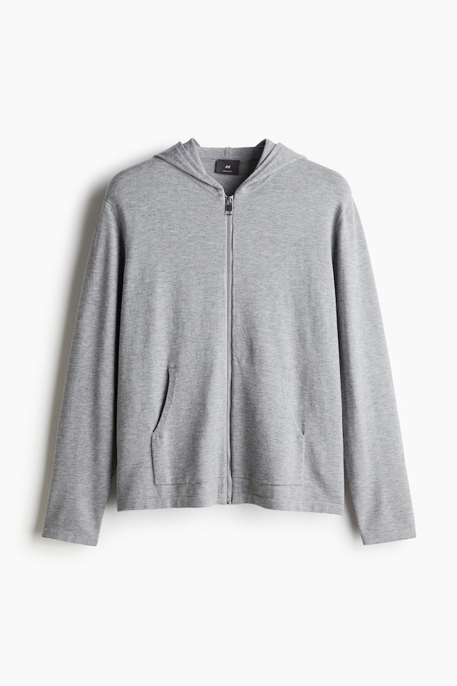 Regular Fit Knit Hooded Jacket - Light gray melange/Navy blue - 1
