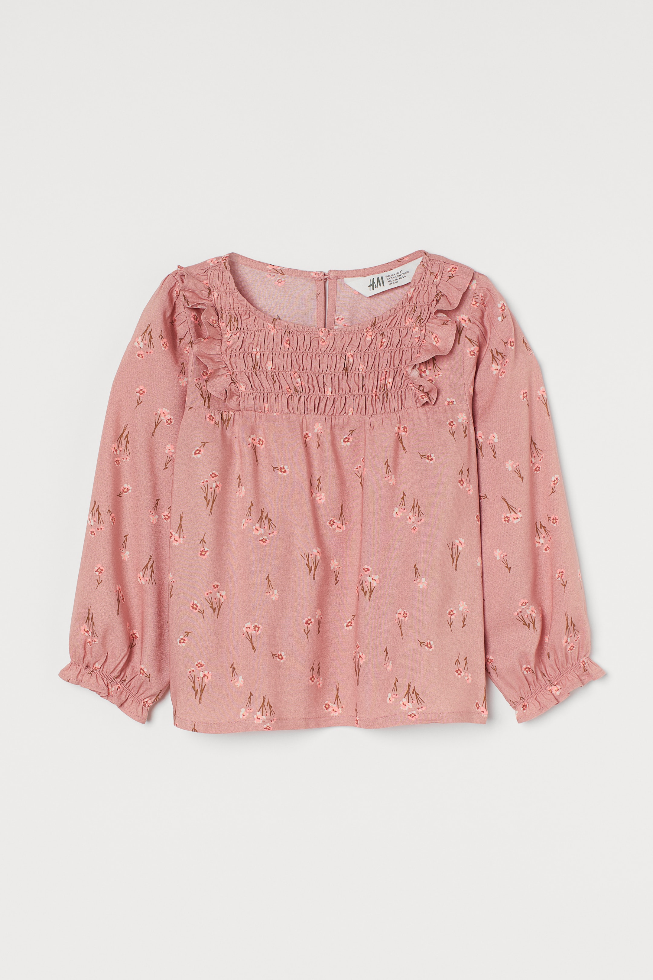 Flounce-detail blouse - Round neck - Long sleeve - Light pink/Floral ...