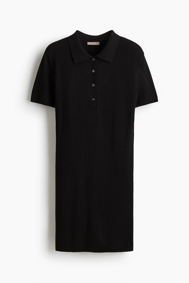 Rib-knit collared dress - Black/Cream/Burgundy - 1