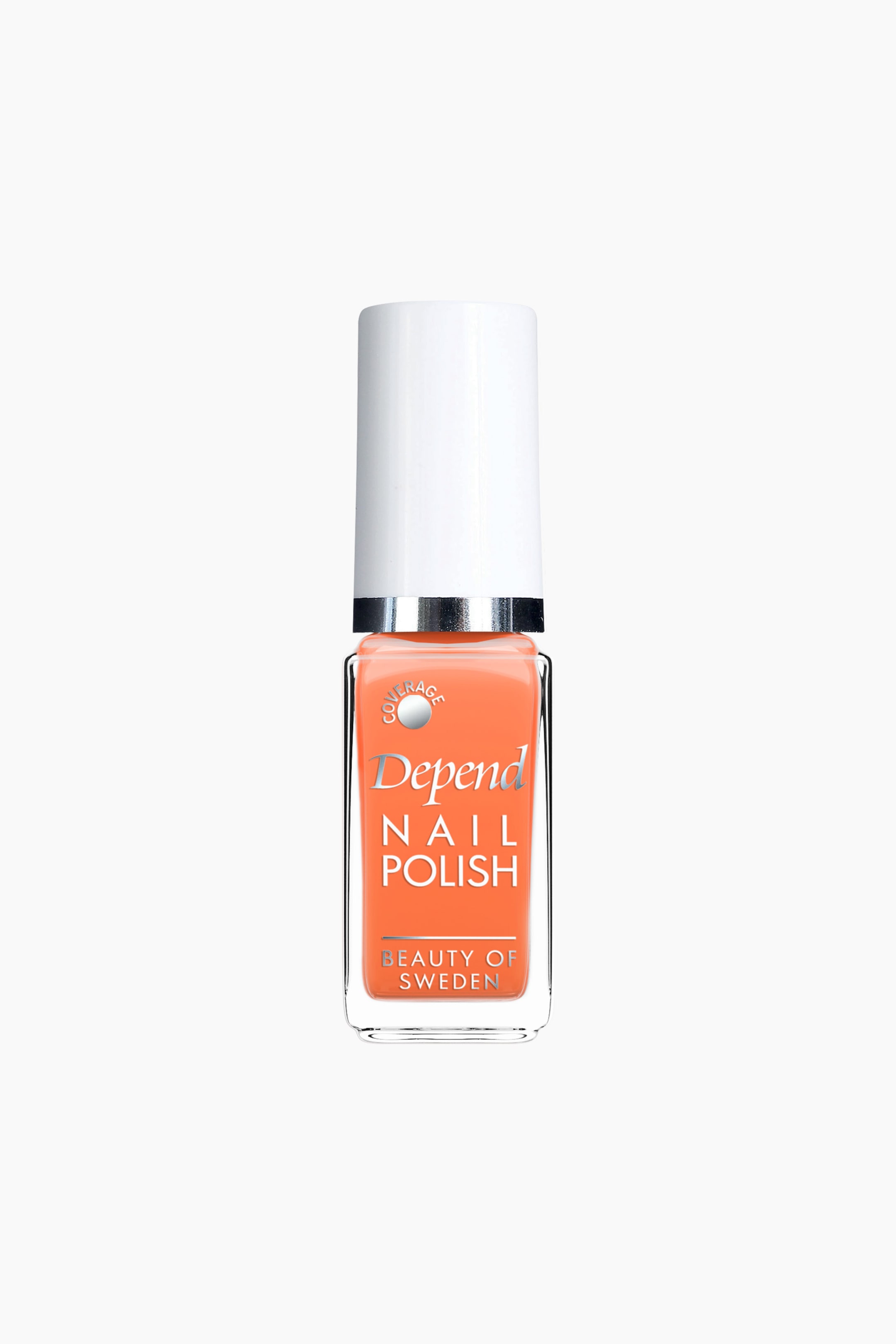 Se større billede: En orange neglelakflaske står oprejst og har en klar, rektangulær glasbeholder fyldt med livlig orange lak. Den er toppet med en hvid cylindrisk hætte, et sølvbånd, og viser "Depend NAIL POLISH" i sølvbogstaver på forsiden.