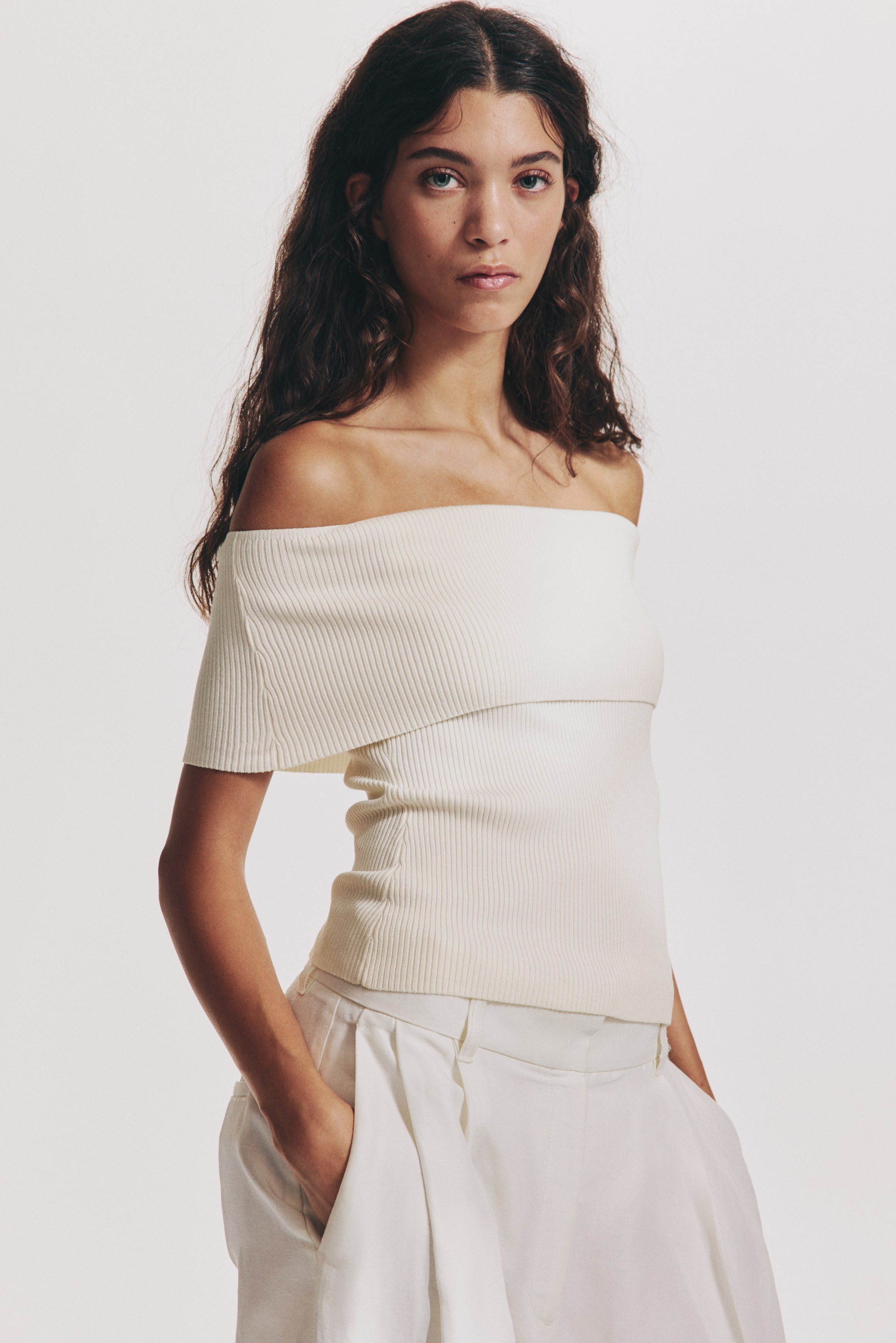 View larger image: Rib-knit off-the-shoulder top - Cream - Ladies | H&M IN 2