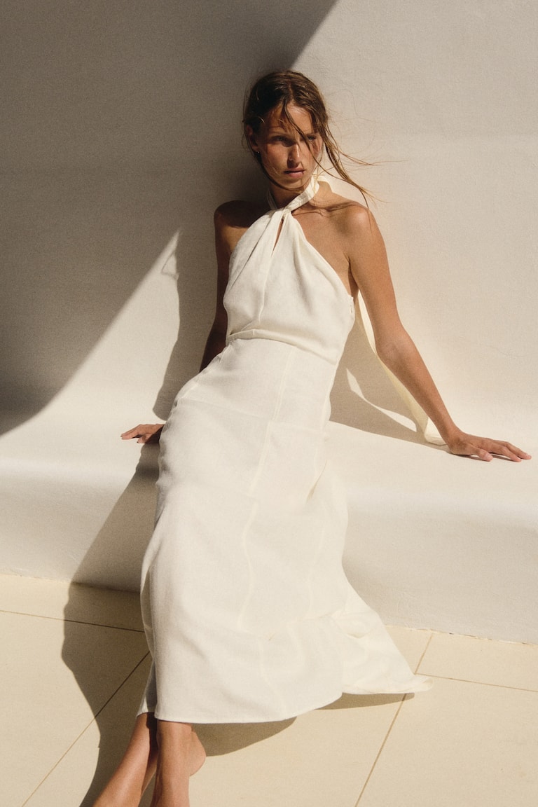 Women's White Linen Blend Halterneck Dress