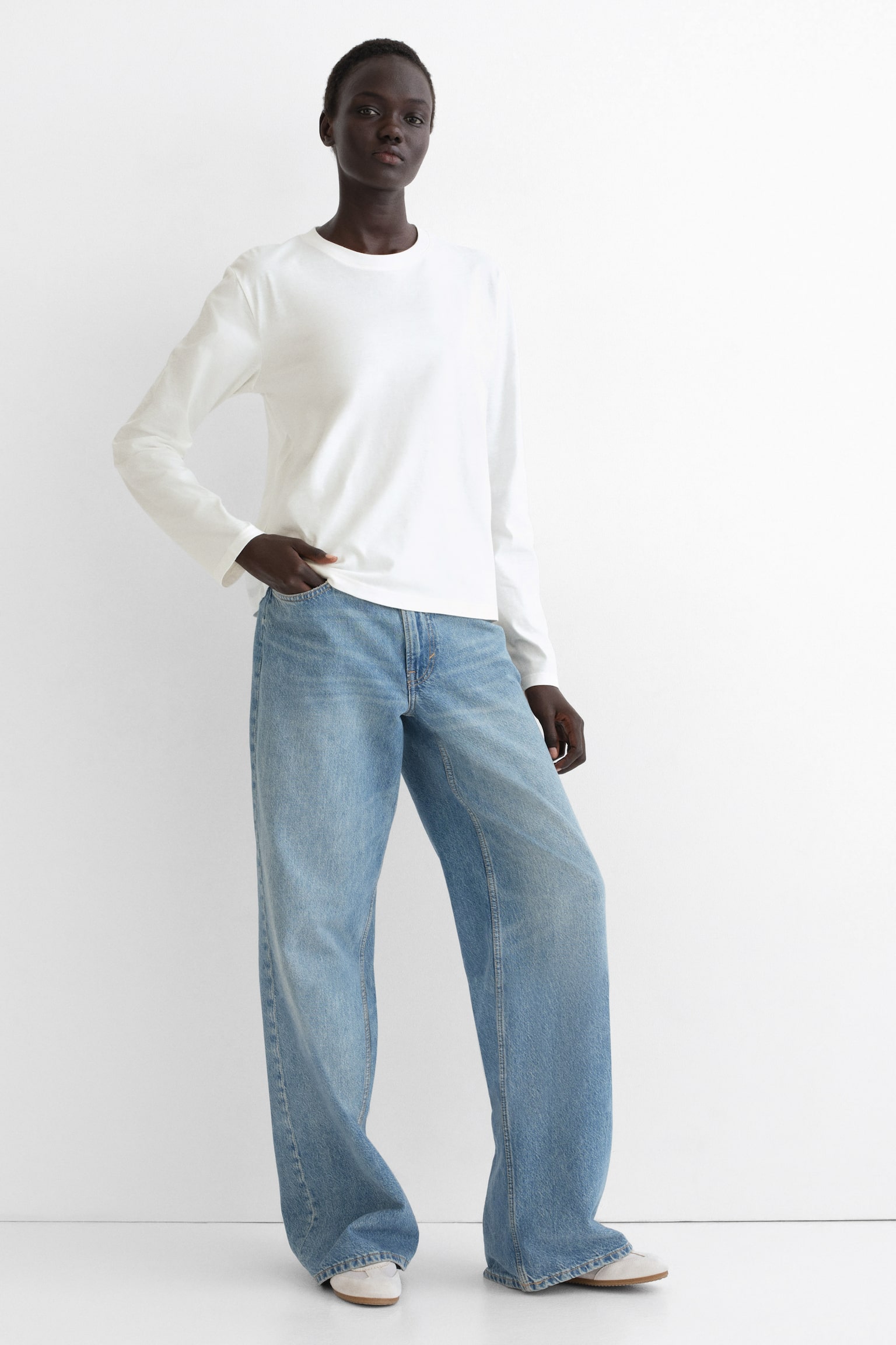 חולצת כותנה עם שרוולים ארוכים - לבן/שחור/בז' כהה/ורוד בהיר - 3