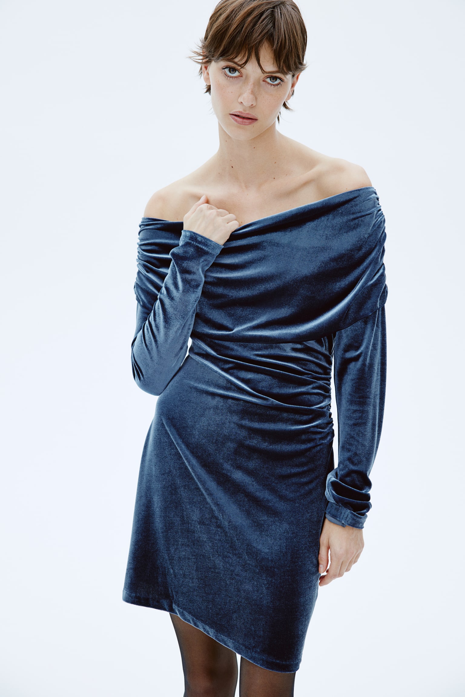 One Shoulder Velour Dress - Slate blue/Black - 1