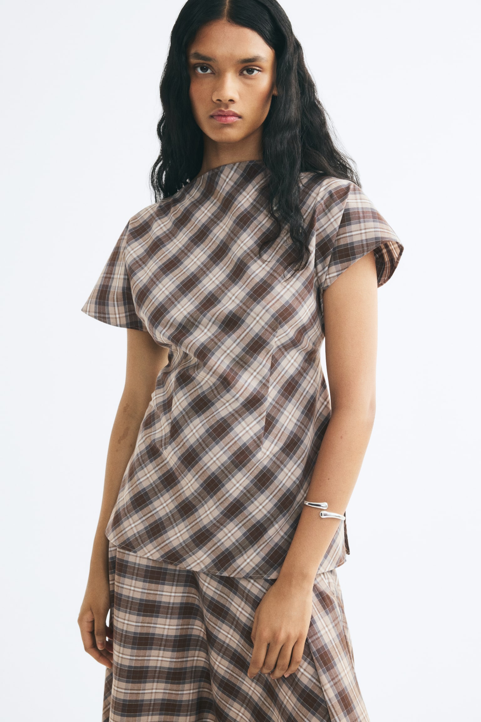 Женский топ H&M Sleeved Top, цвет: Бежевый / В мелкую клетку — фото 3