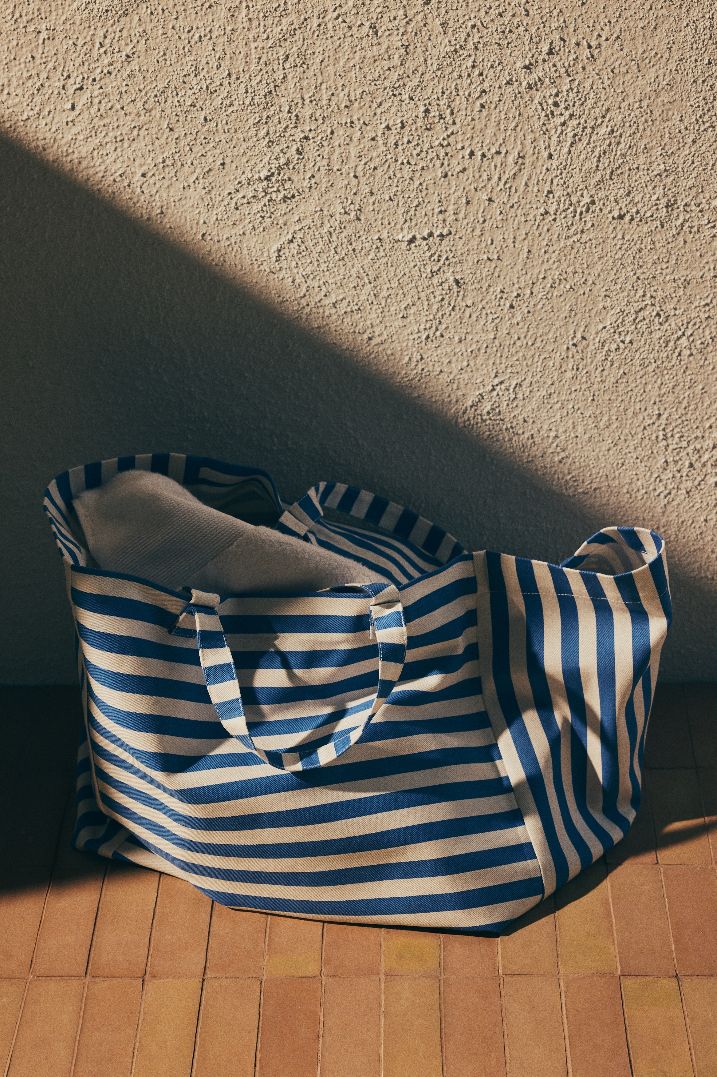 Sac de plage en toile de coton - Bleu/rayé/Beige/rayé/Marron/rayures blanches/Green/Striped/Jaune/rayé