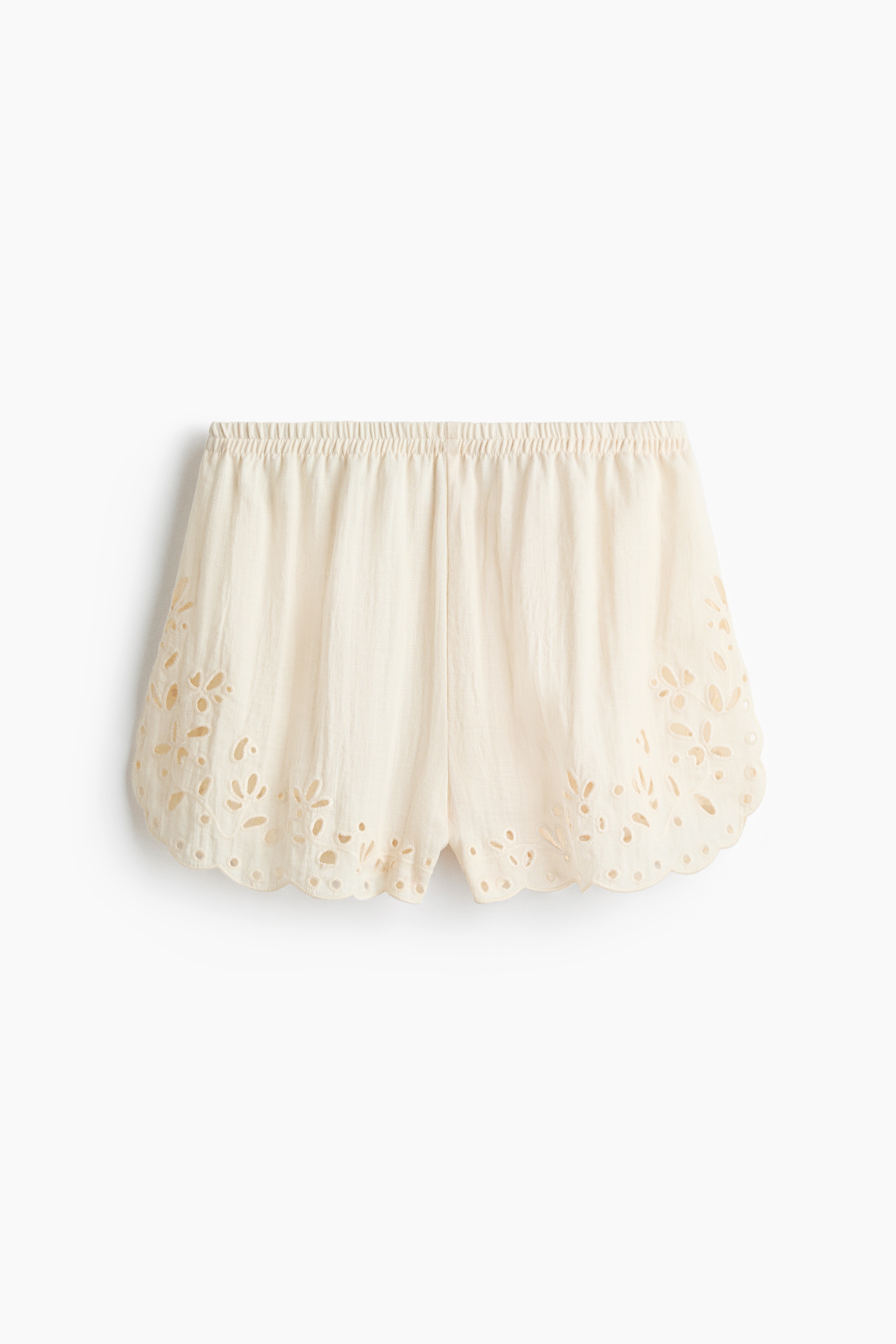 Shorts with Eyelet Embroidery - Cream/Dark brown