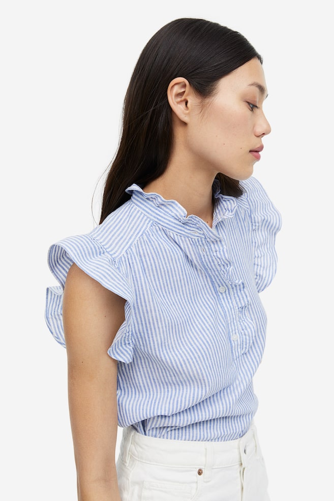 Frill-trimmed linen-blend blouse - Blue/Striped/White/Light yellow/Red - 5