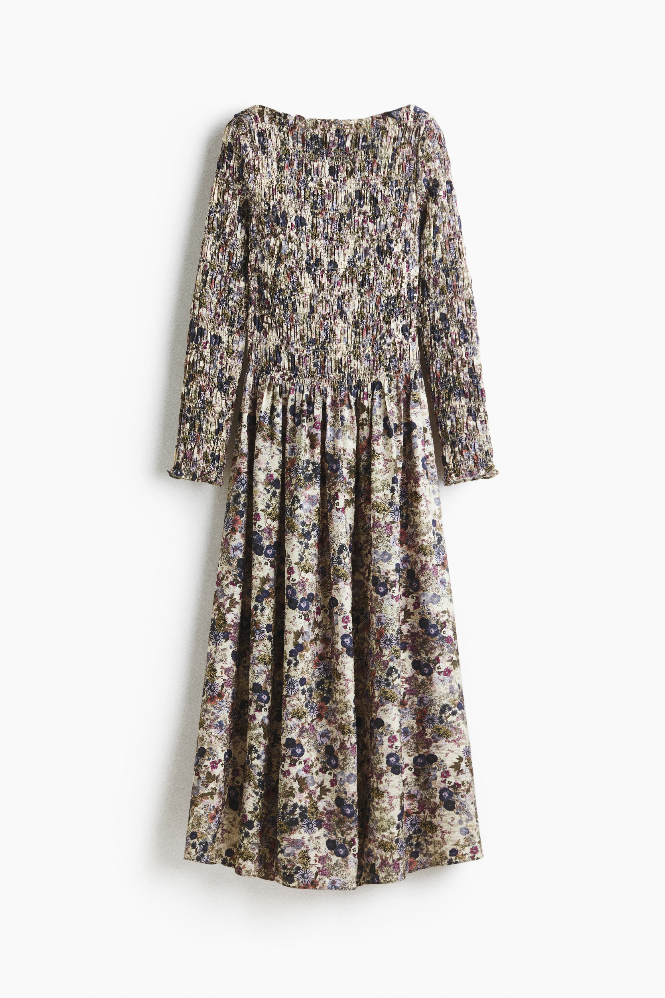 Smocked dress - Light beige/Floral/Black