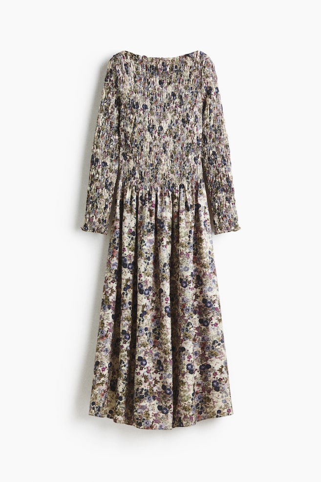 Gesmoktes Kleid - Hellbeige/Geblümt/Schwarz - 1