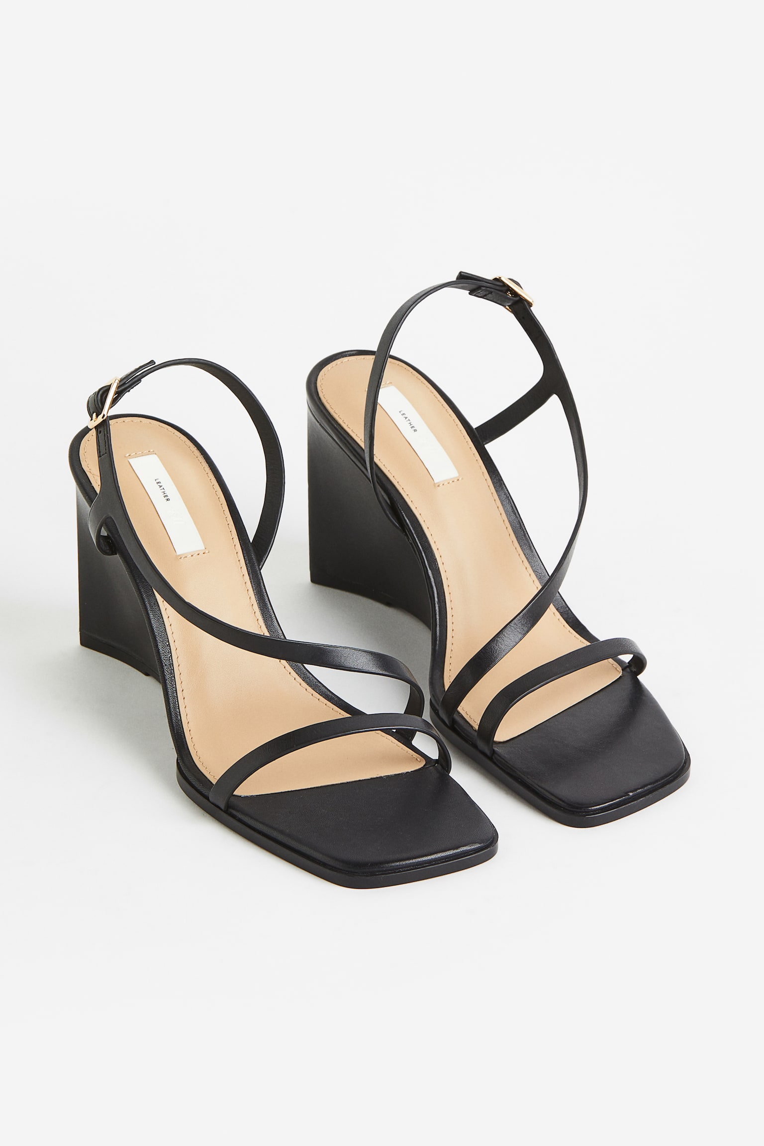 Wedge Heel Leather Sandals - Black/Dark beige - 4