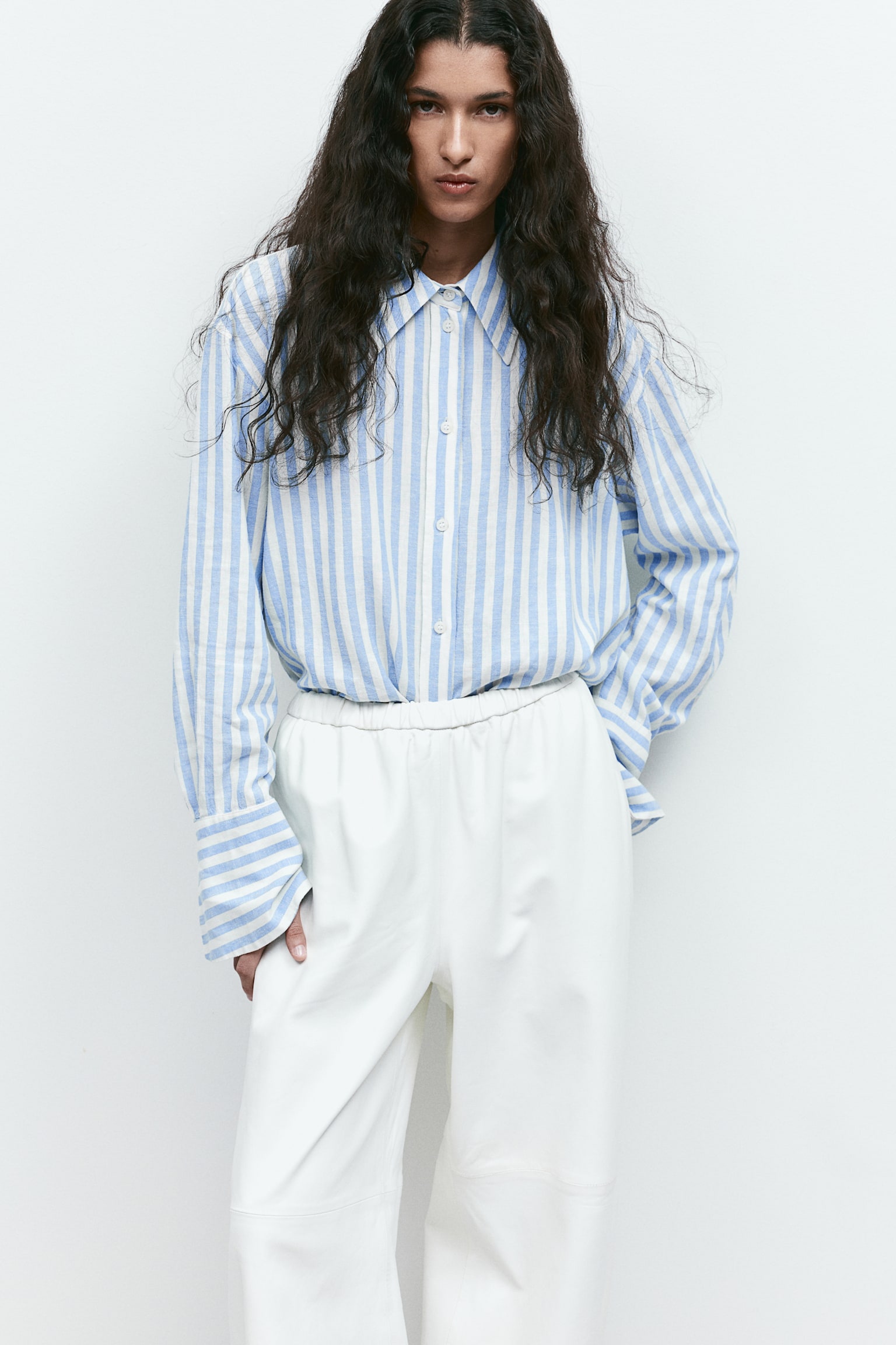 Oversized linen-blend shirt - White/Blue striped/Blue - 1