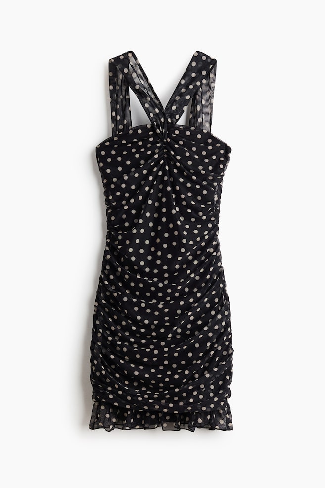 Meshkleid mit Raffungen - Schwarz/Polka Dots - 1