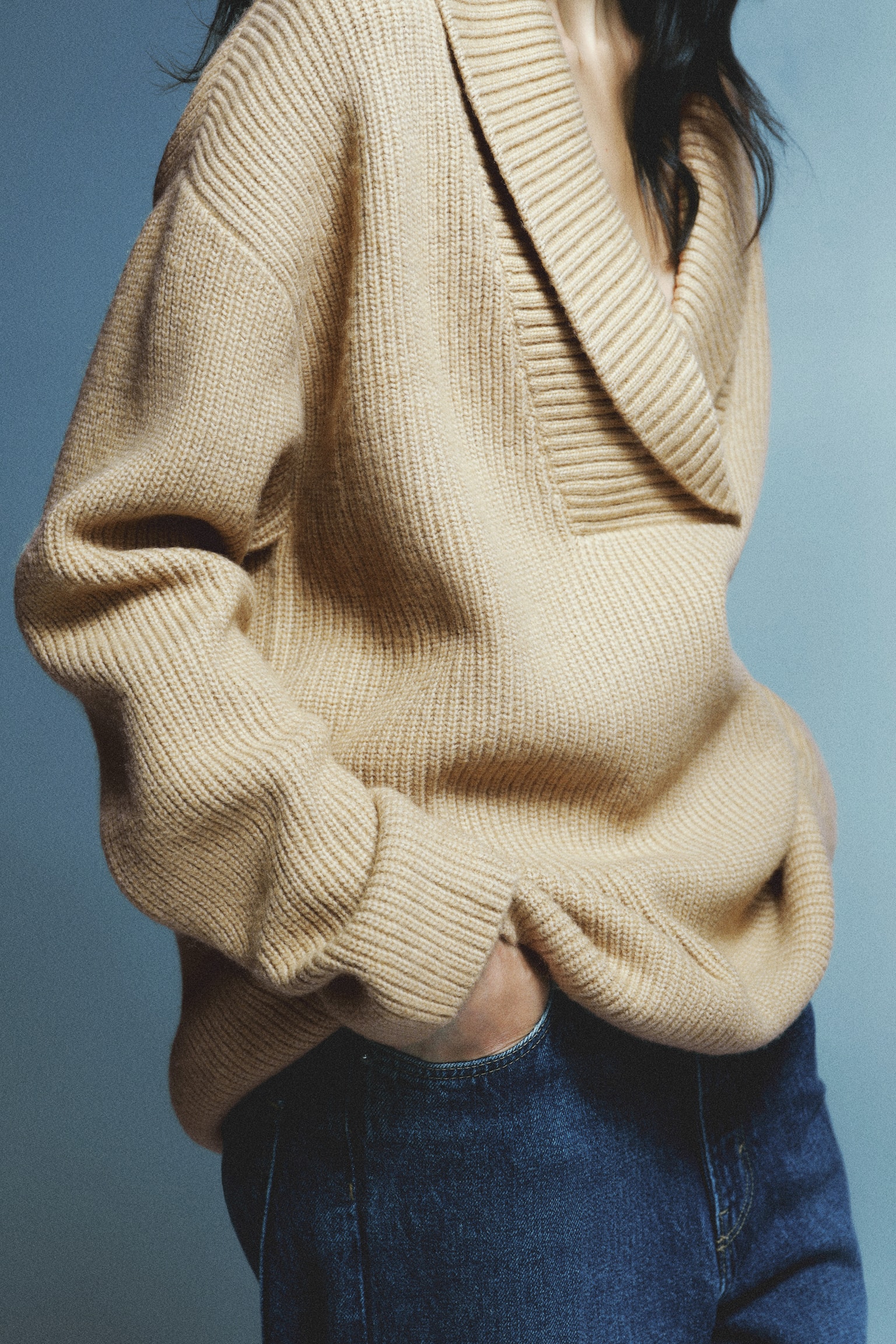 Rib-knit shawl-collar jumper - Beige/Cream - 4