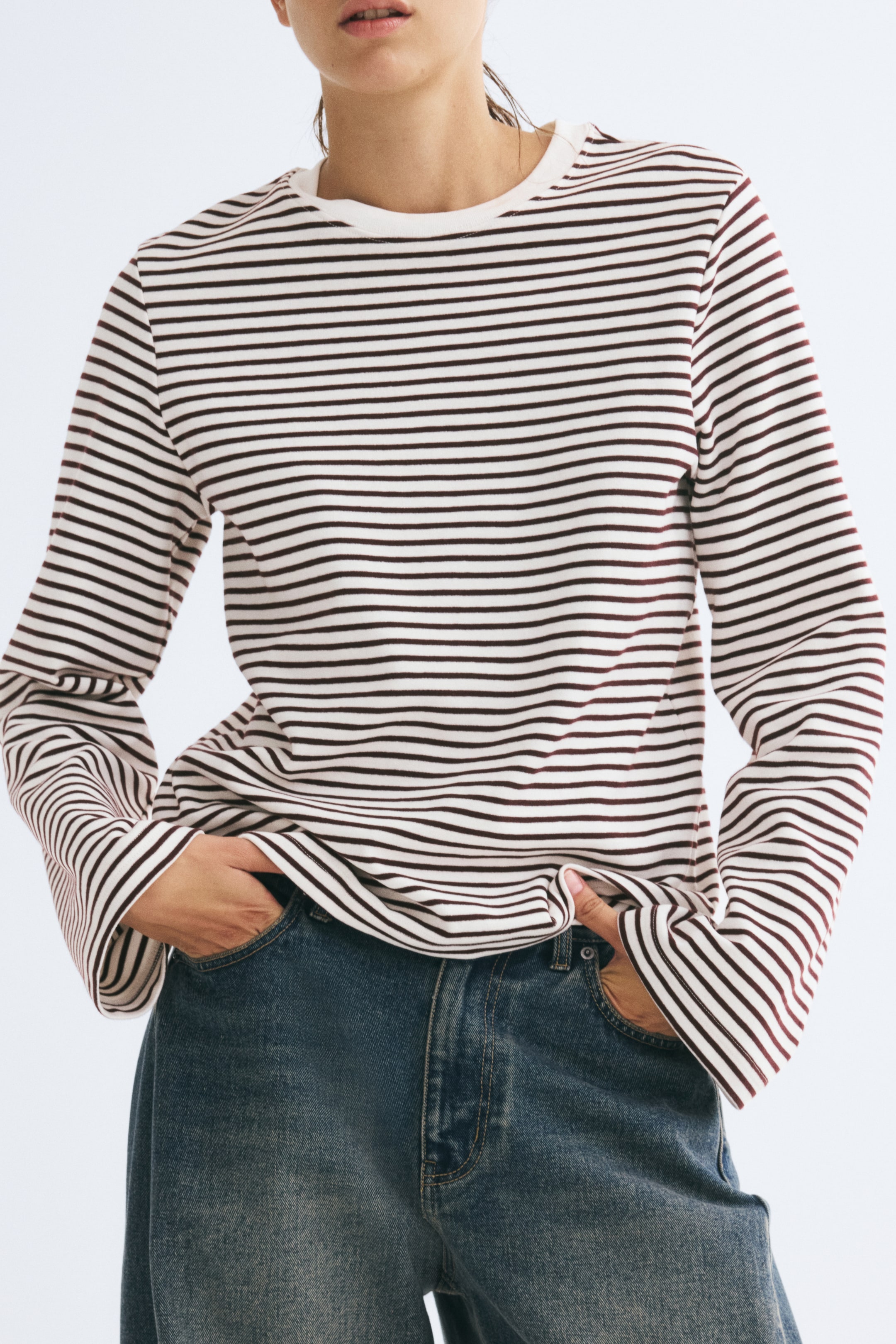 View larger image: Long-sleeved jersey top - Cream/Burgundy striped - Ladies | H&M 1