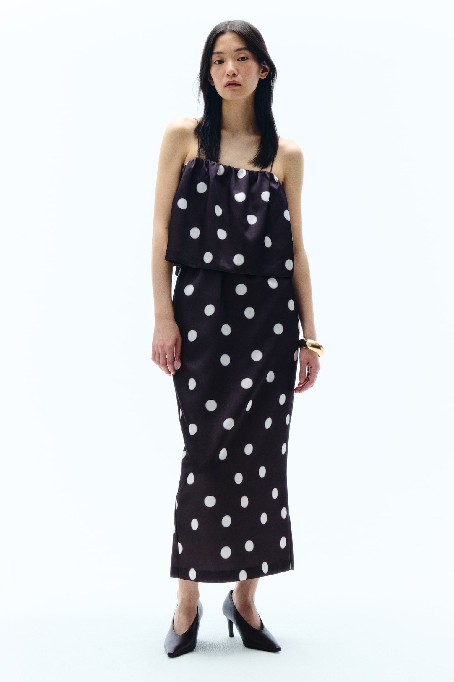 Gathered Strappy Top - Dark brown/polka dot - 4