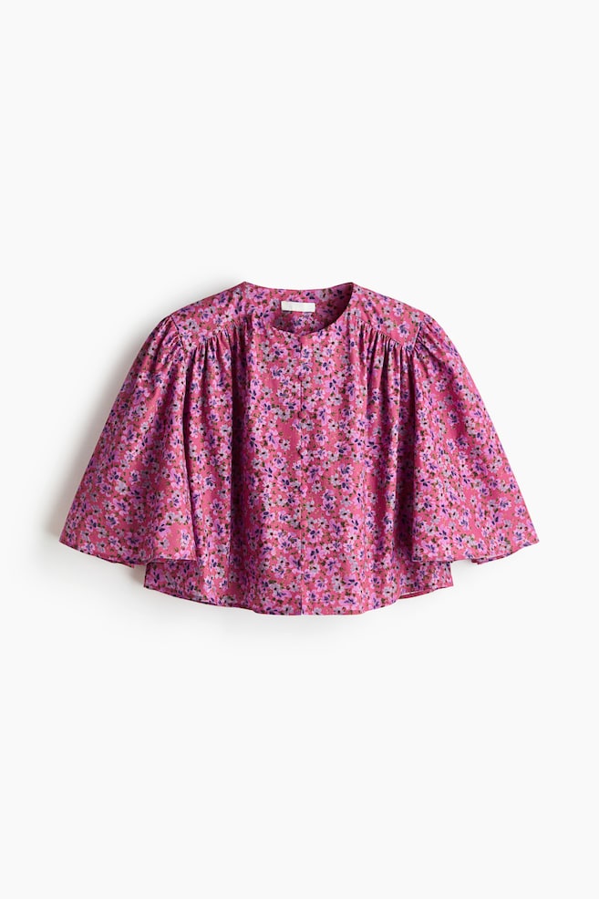 Short Cotton Blouse - Dark pink/floral - 1
