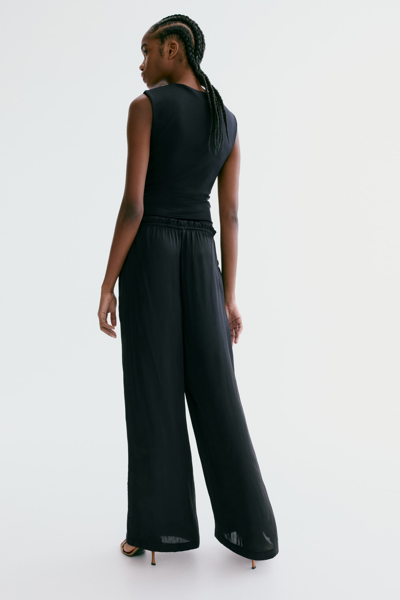 מכנסי סאטן עם שרוך קשירה - שחור/ירוק חאקי כהה/בז' - 4