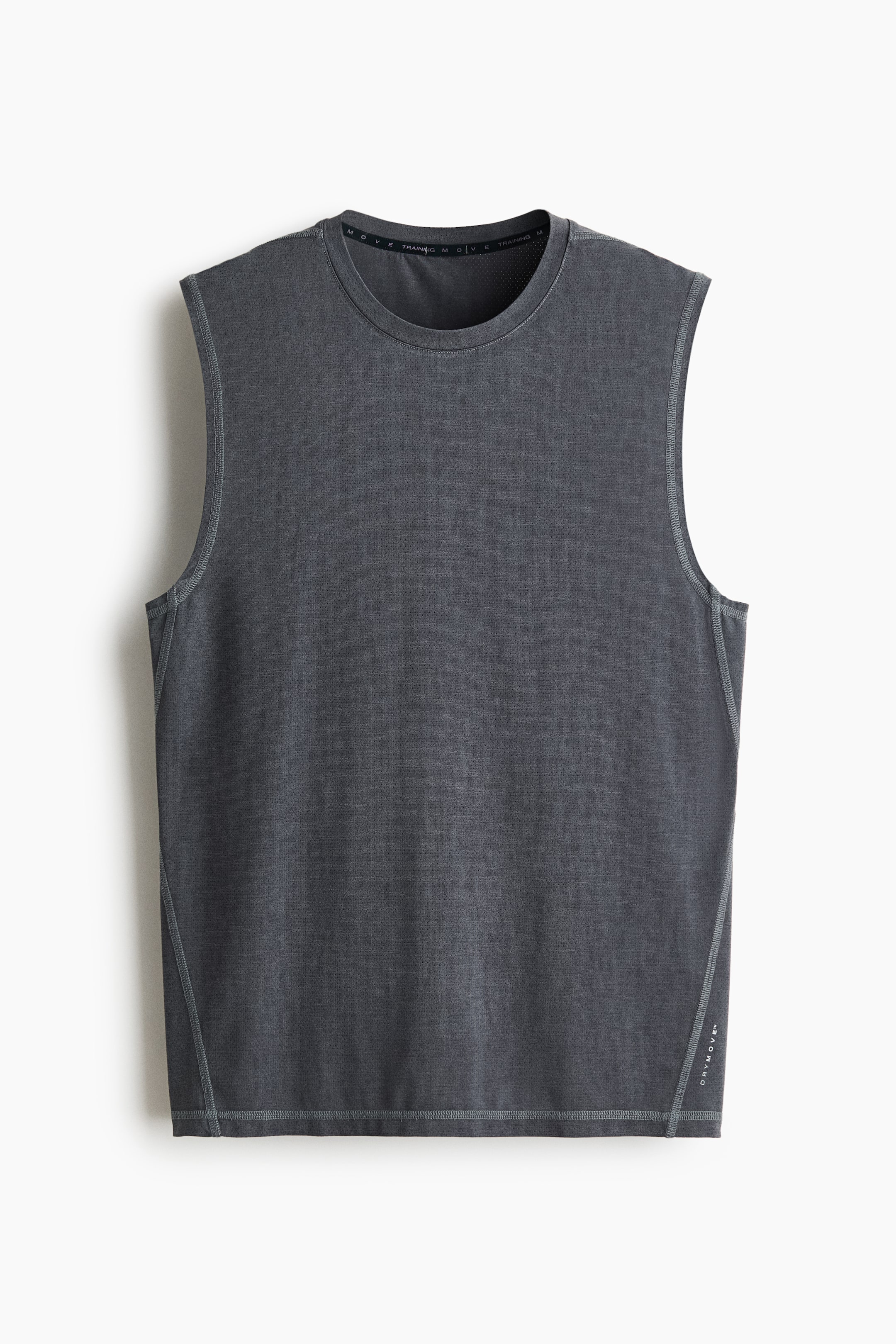 Zobacz większy obraz: Ciemnoszary sportowy top typu vest o kroju regular fit prezentuje przód, z crew neck i fakturowanym materiałem. Ma bezrękawowy fason z widocznymi skośnymi szwami na dolnych bokach oraz pionowo umieszczone logo "DryMove" u dołu po prawej.