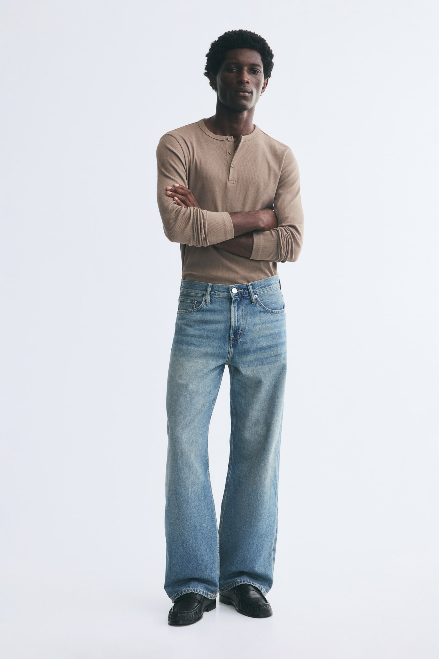 Мужская рубашка H&M Slim-Fit Ribbed Cotton Henley, цвет: Светлый бежевый — фото 4