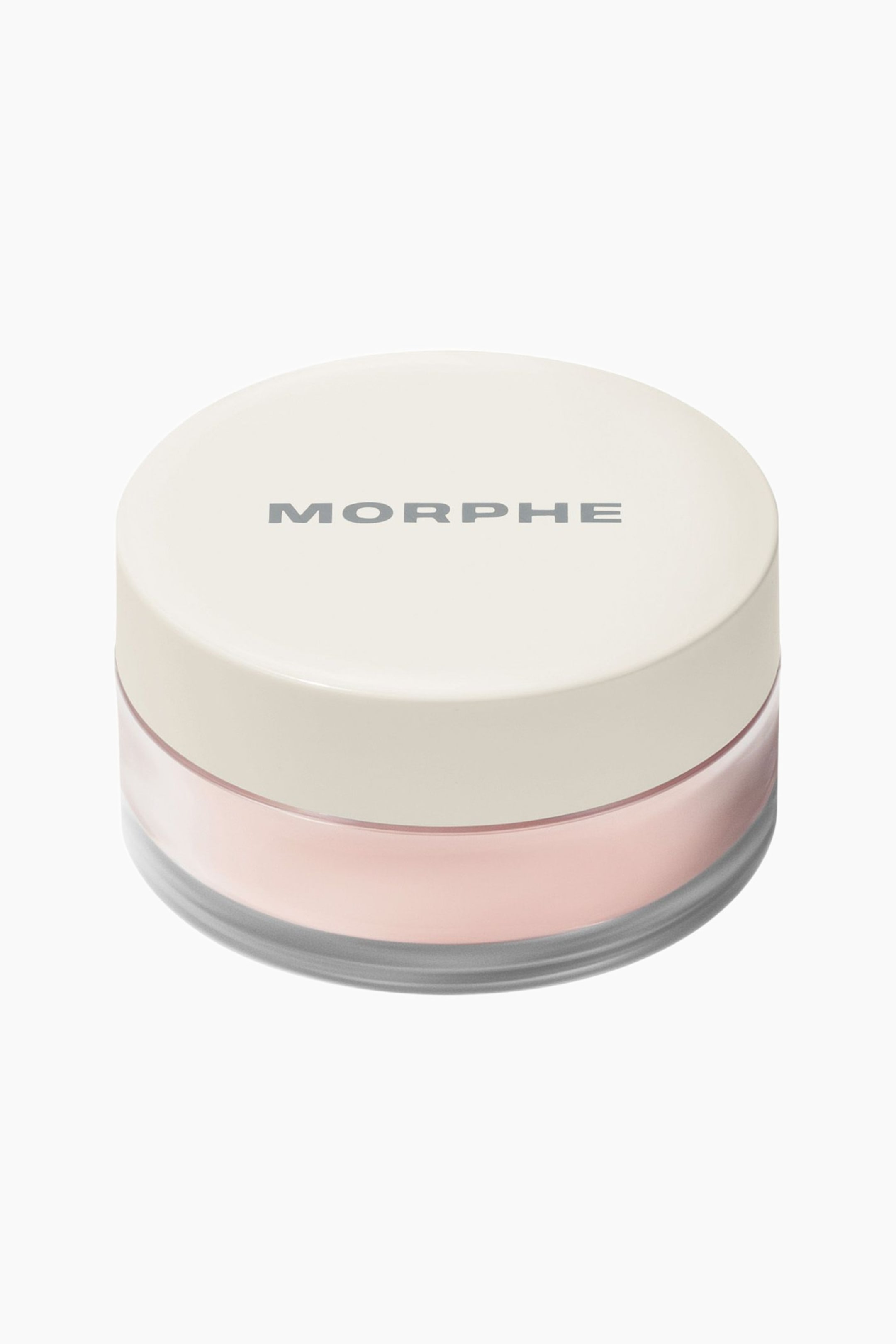 Se større billede: Mini Bake & Set Soft Focus Setting Powder er placeret i en trekvart vinkel og fremviser et klart, frostet glas, der afslører et lyserødt løspudder indeni. Et mat, cremefarvet låg forsegler glasset og viser "MORPHE"-logoet i grå tekst.