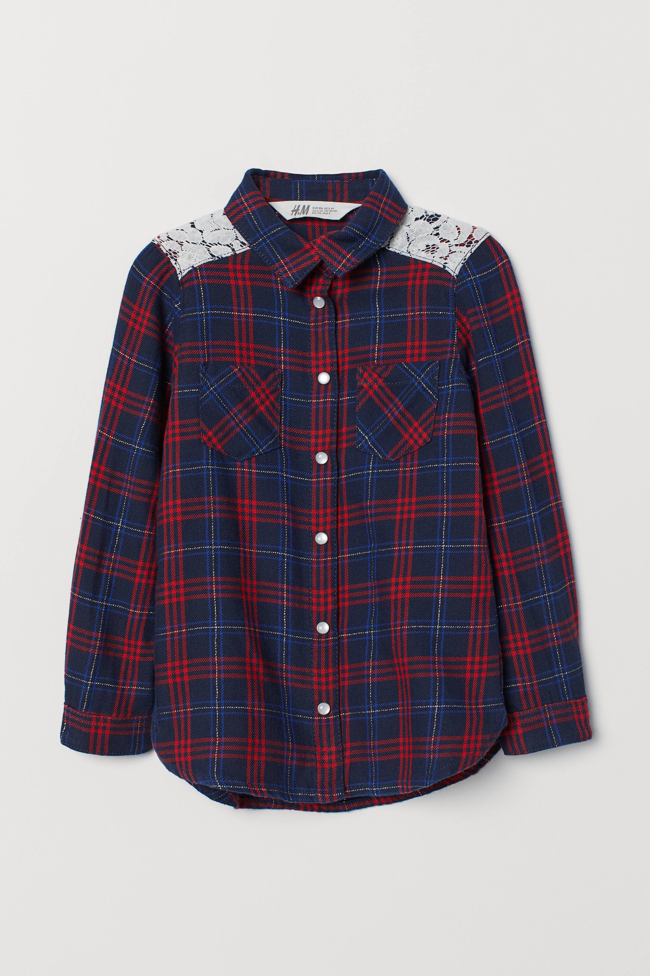 View larger image: Flannel shirt with a lace yoke - Dark blue/Checked - Kids | H&M 1