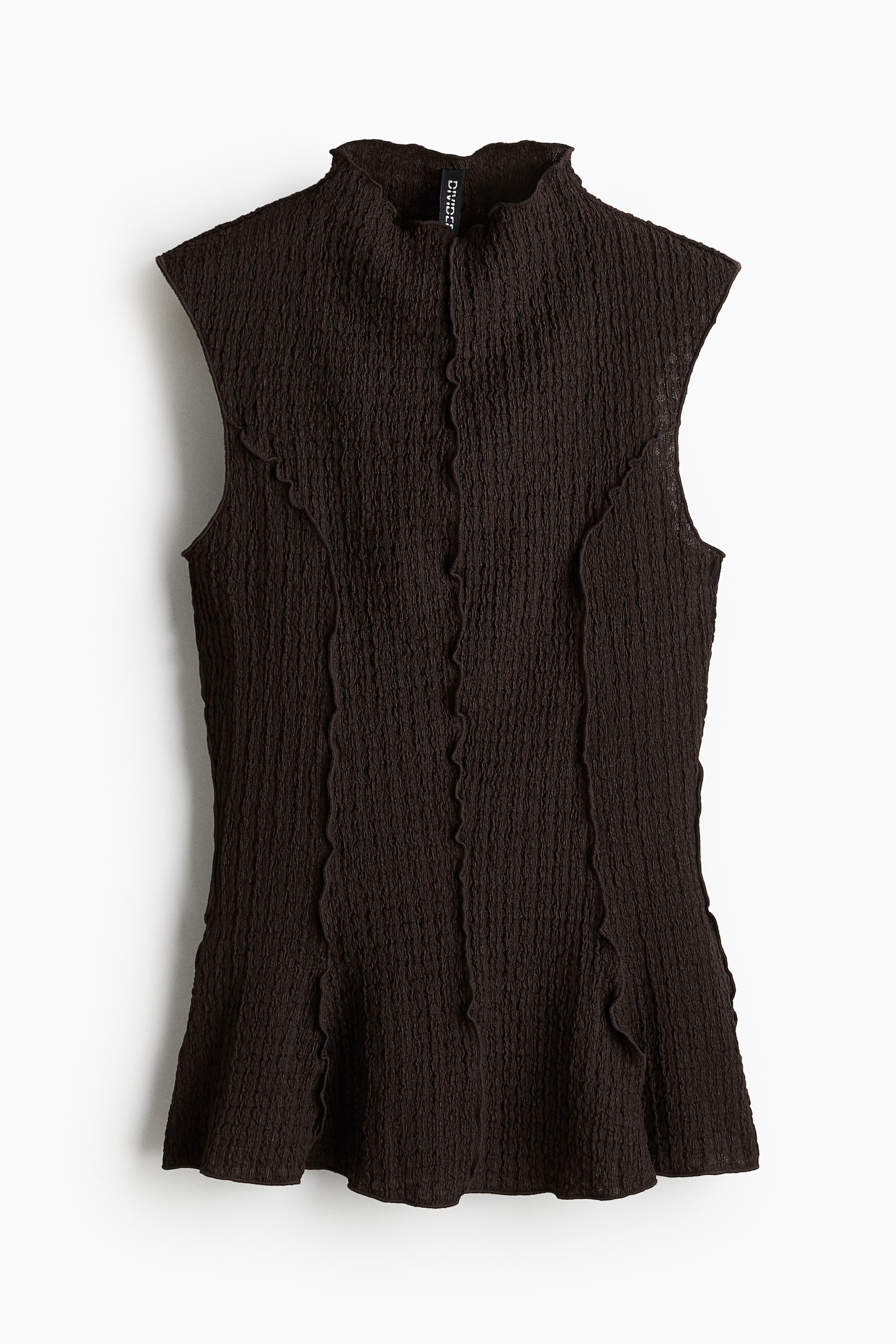 Overlock-detail textured peplum top - Dark brown/Cream/Black - 2