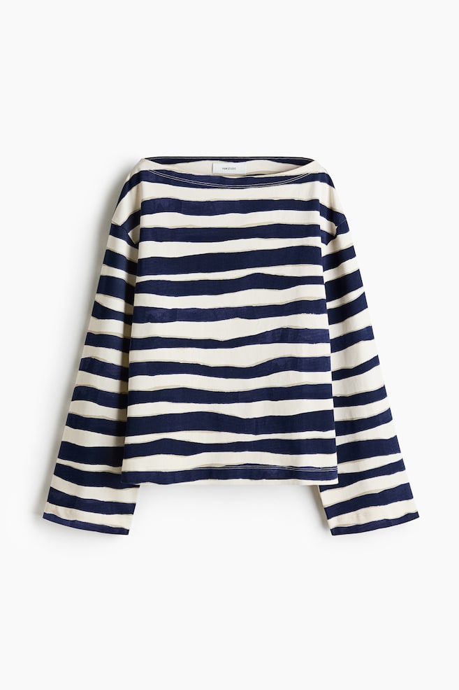 Cut-out cotton top - Cream/Navy blue striped - 1