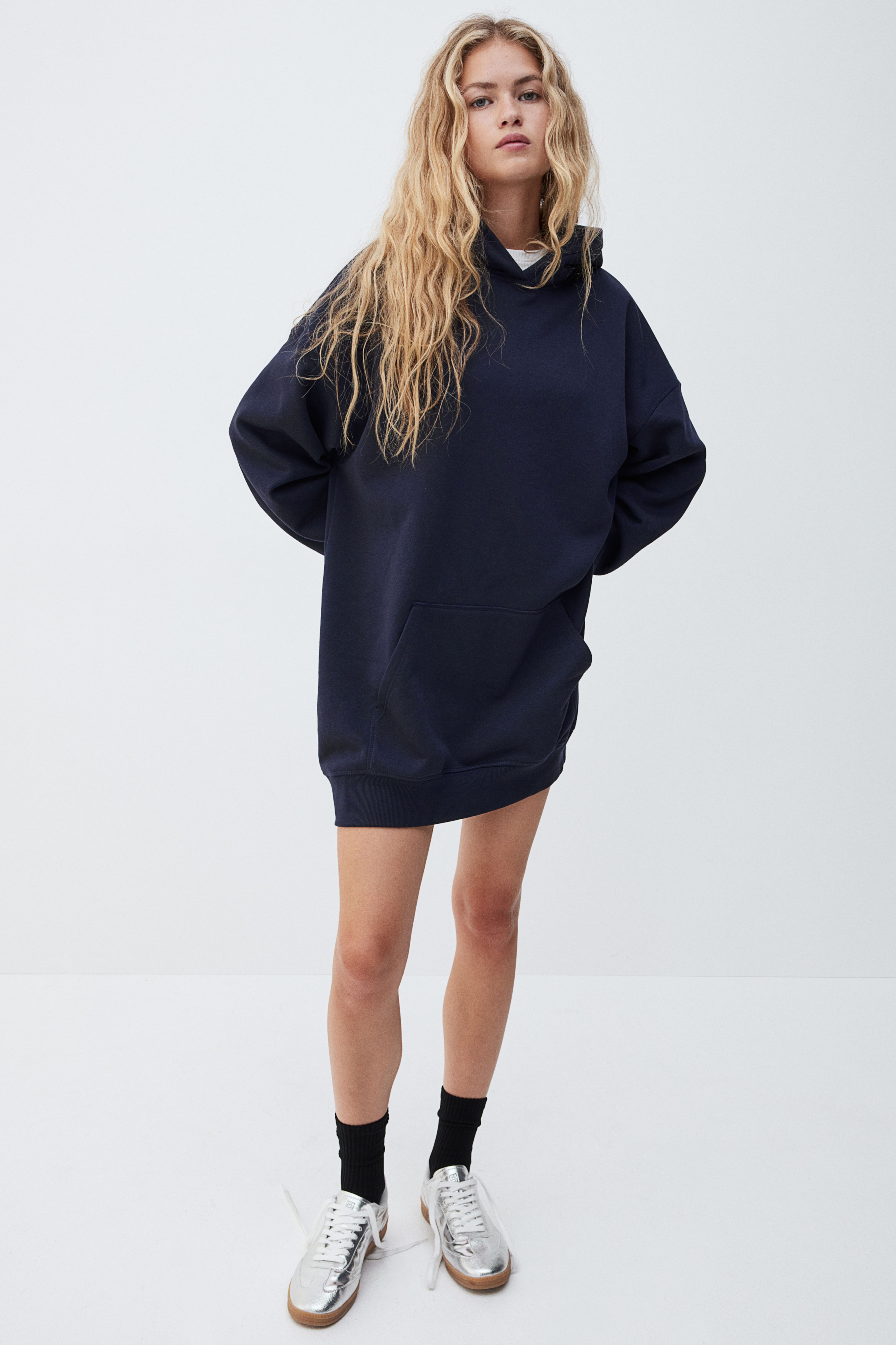 Hooded Cotton Dress Navy blue Ladies H M US