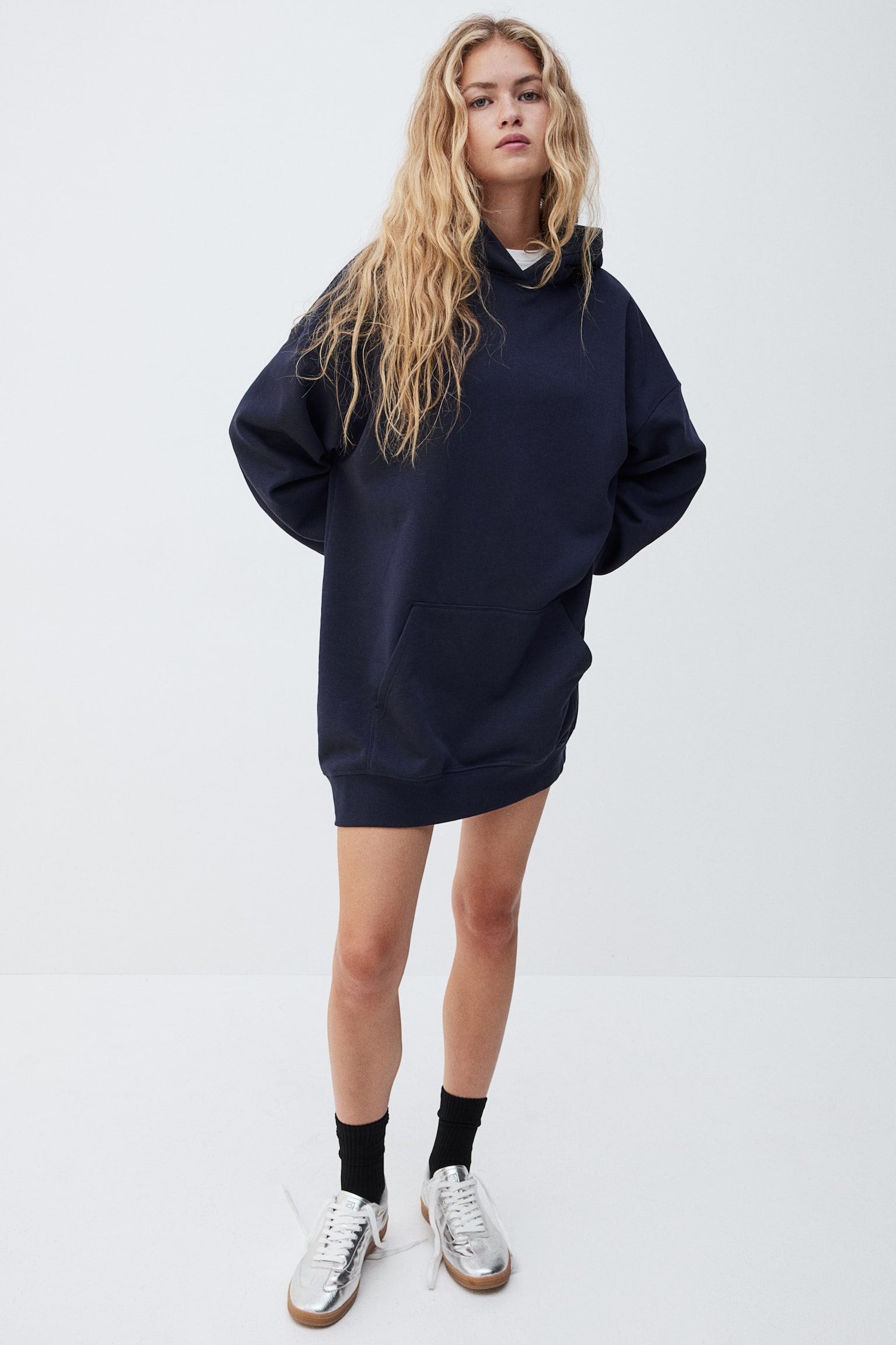 Hooded cotton dress - Navy blue/Dark brown/Black/Light grey marl - 1