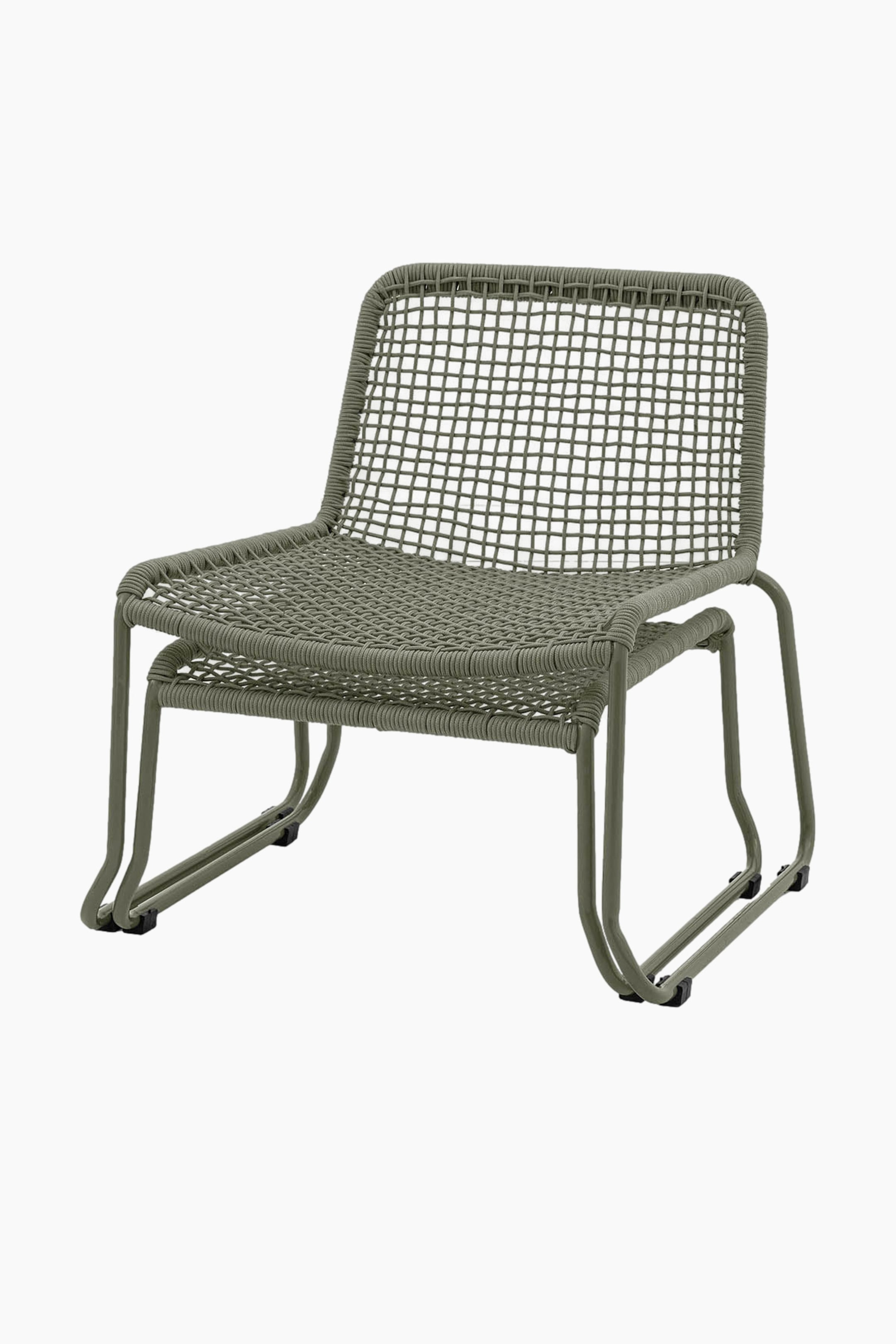 View larger image: An olive green chair is showcasing its front and left side, angled slightly to the left, with its seat and backrest featuring a woven cord mesh pattern. The cord also wraps around the frame edges, and the chair rests on a matching tubular metal sled base where small black glides support the base.
