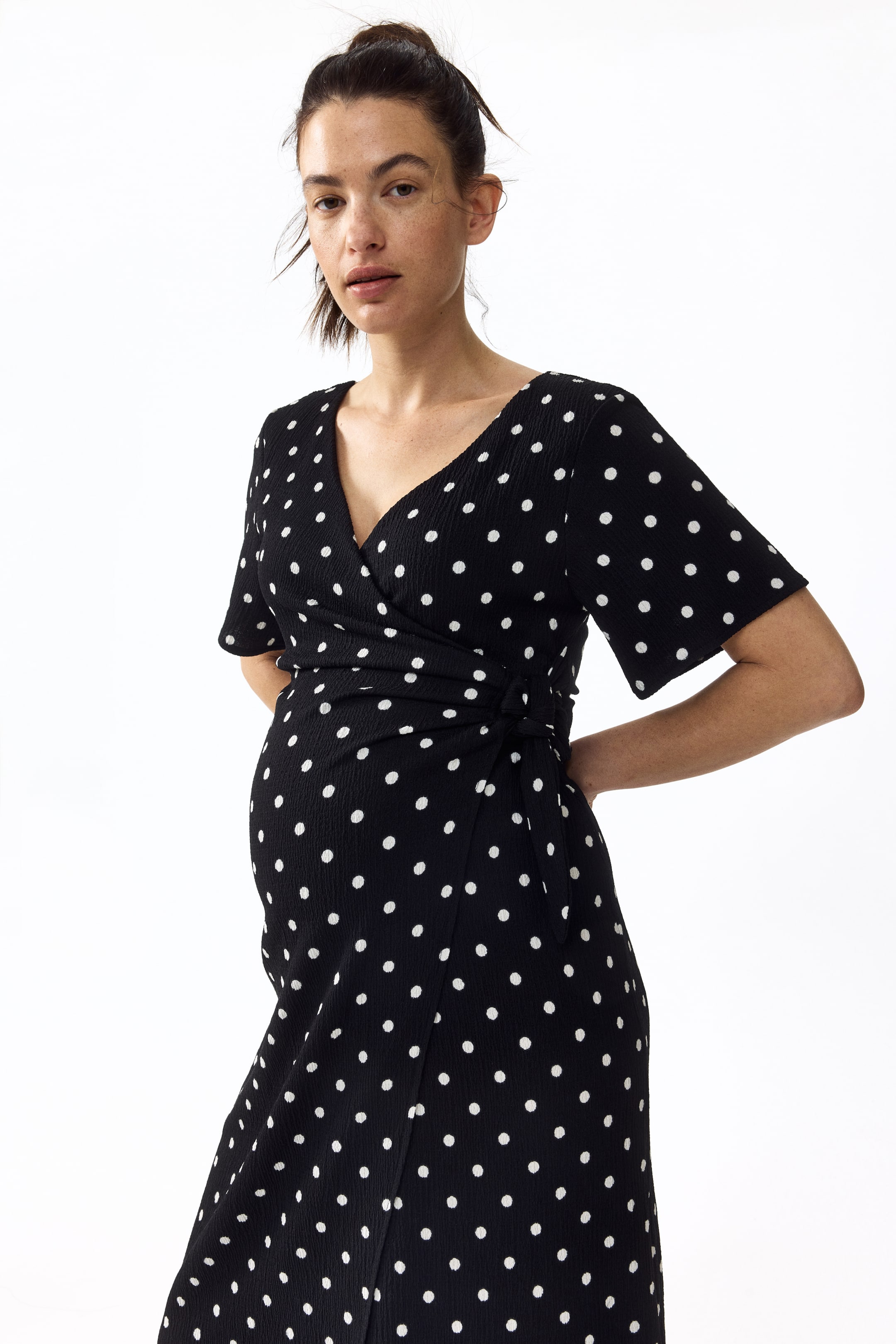 View larger image: MAMA Crinkled wrap dress - Black/polka dot - Ladies | H&M US 1