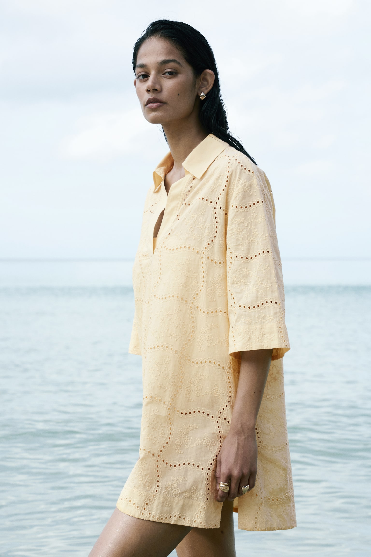 Broderie anglaise tunic dress - Light yellow - 5