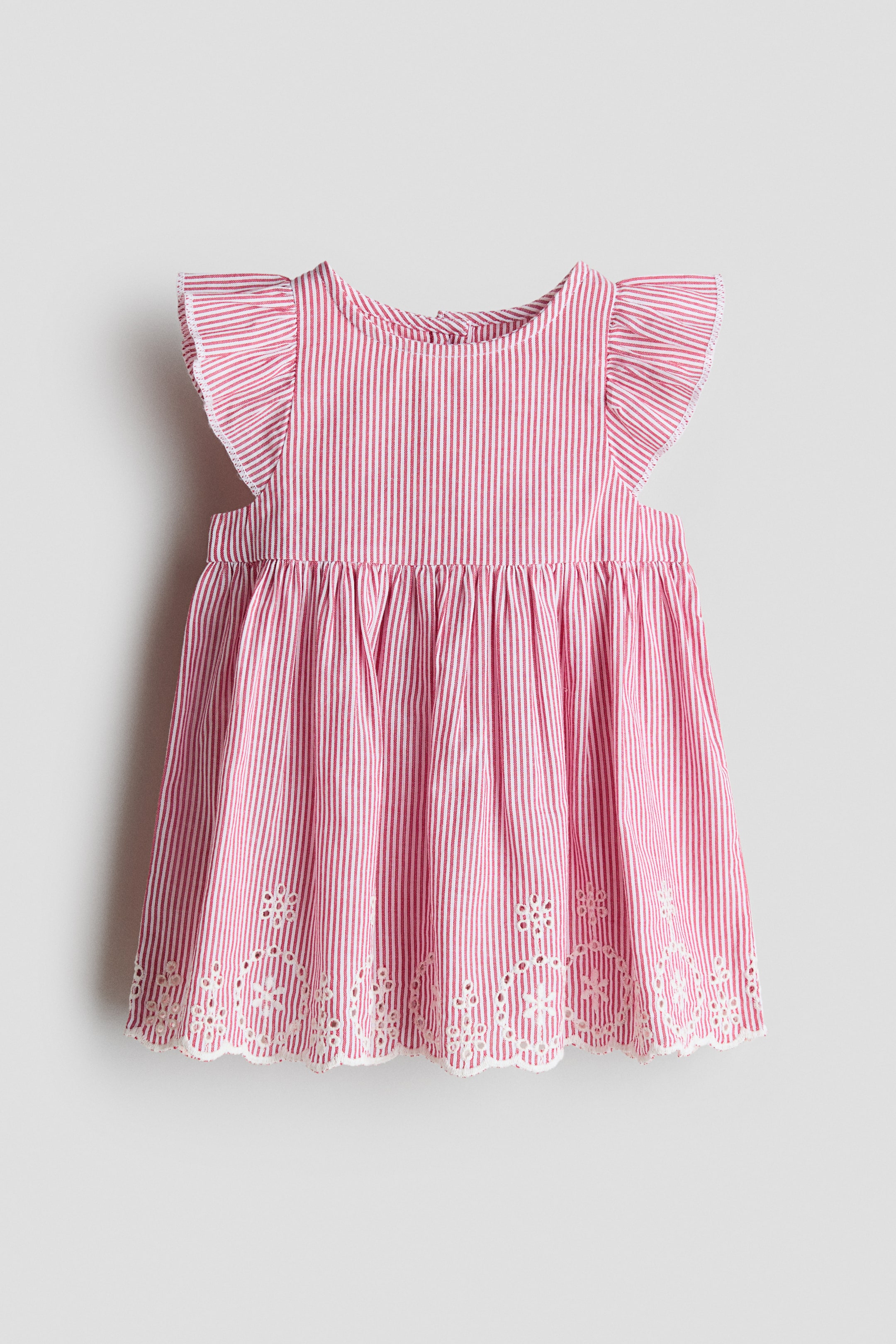 View larger image: The dress showcases red and white vertical stripes on its FRONT. It features a round neckline, ruffled cap sleeves, and a gathered skirt adorned with white eyelet embroidery along the scalloped hemline.