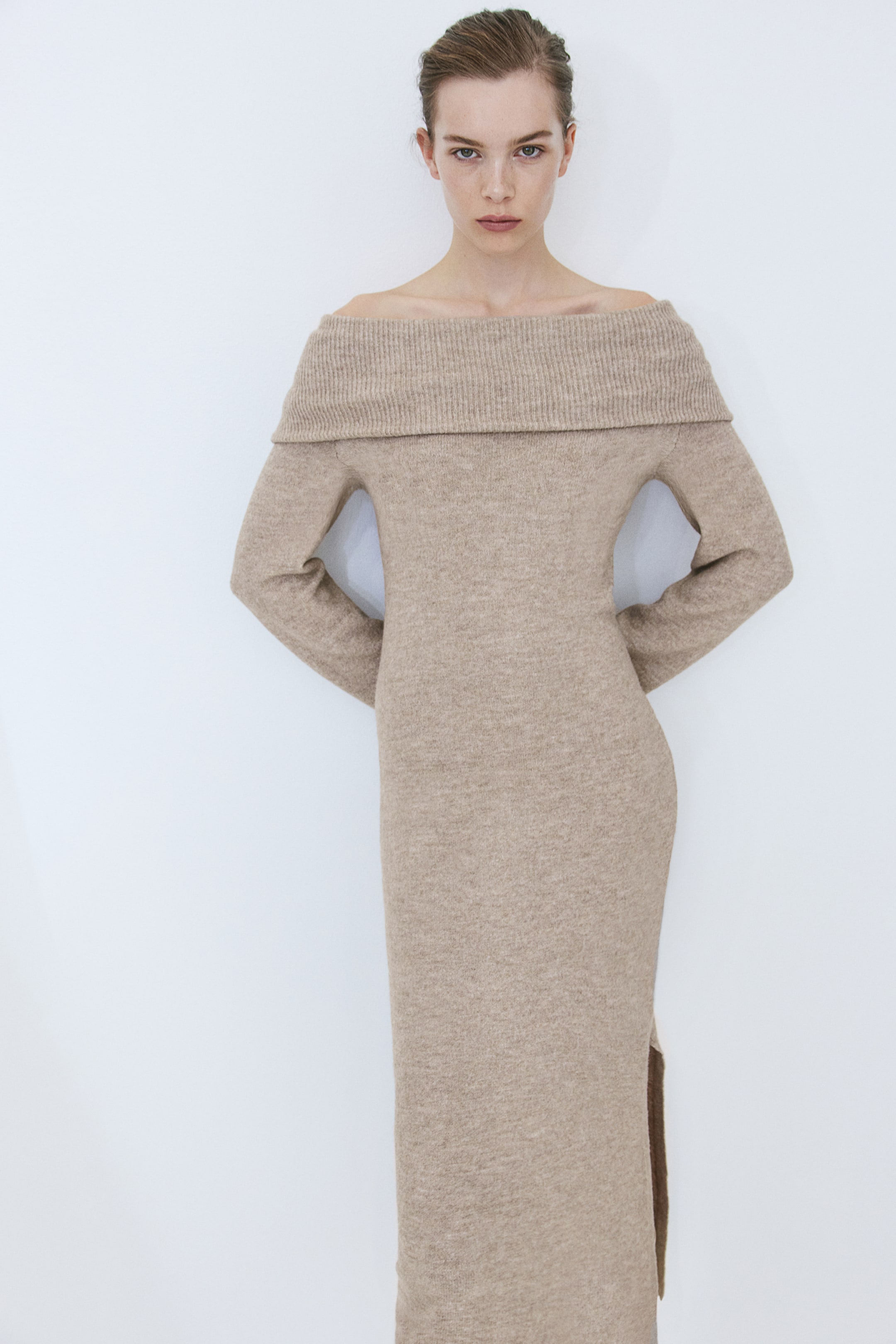 Knitted off-the-shoulder dress - Long sleeve - Midi - Beige marl ...