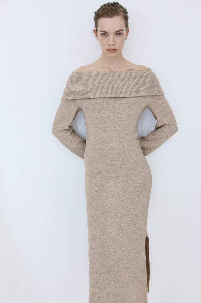 Knitted off-the-shoulder dress - Beige marl/Black - 4