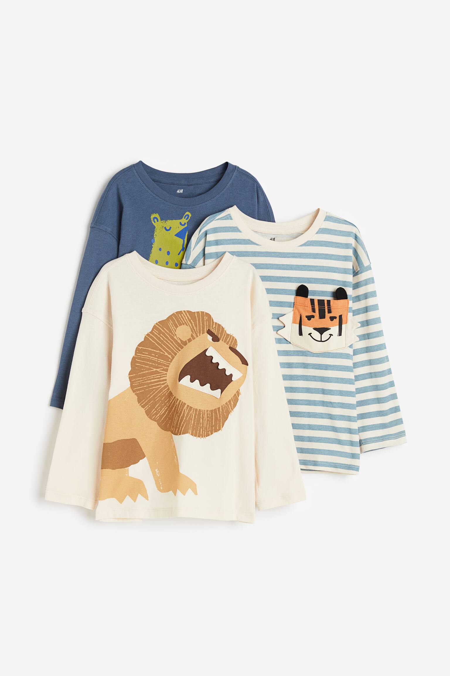 3-pack Print Cotton Tops - Turquoise/Animals - 1