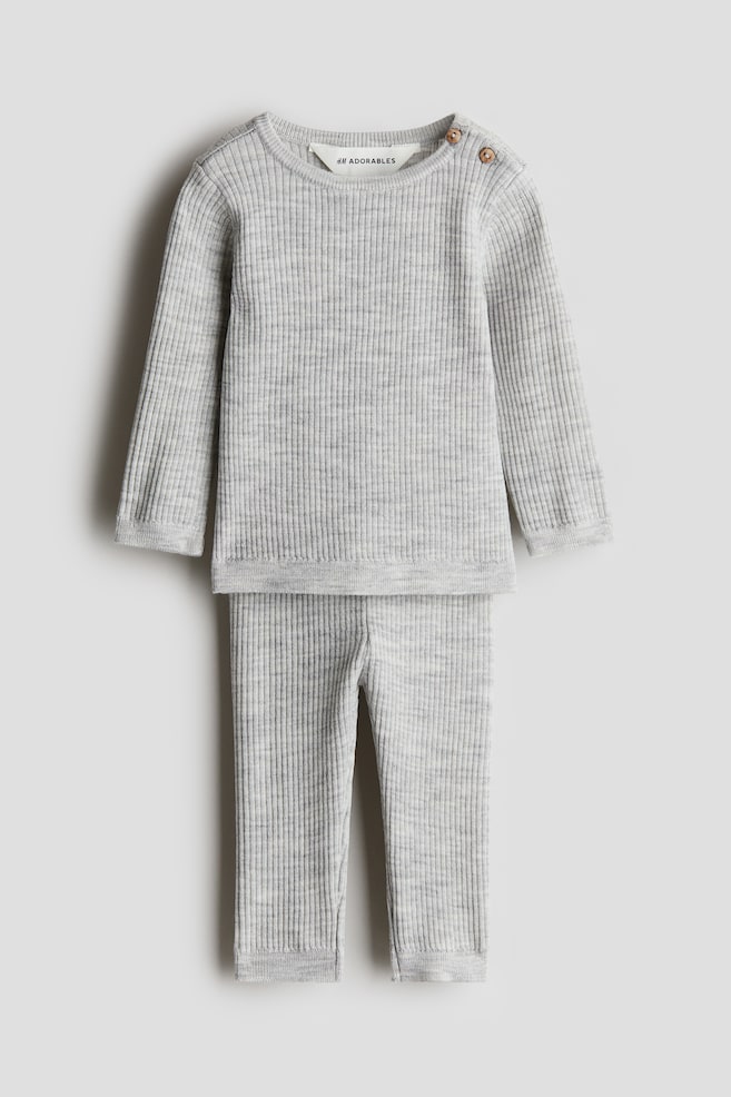 Ensemble 2 pièces en laine mérinos - Gris clair chiné/Taupe foncé/Marine/Beige clair - 1
